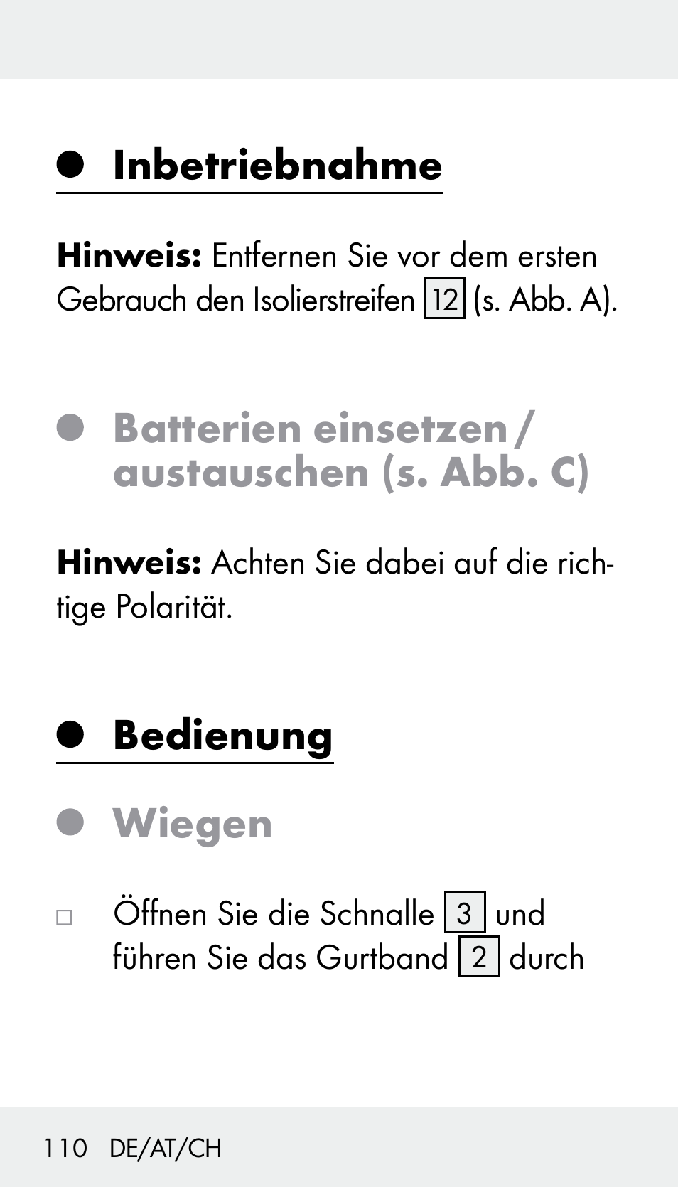 Inbetriebnahme, Batterien einsetzen / austauschen (s. abb. c), Bedienung wiegen | Silvercrest Z31894 User Manual | Page 110 / 120