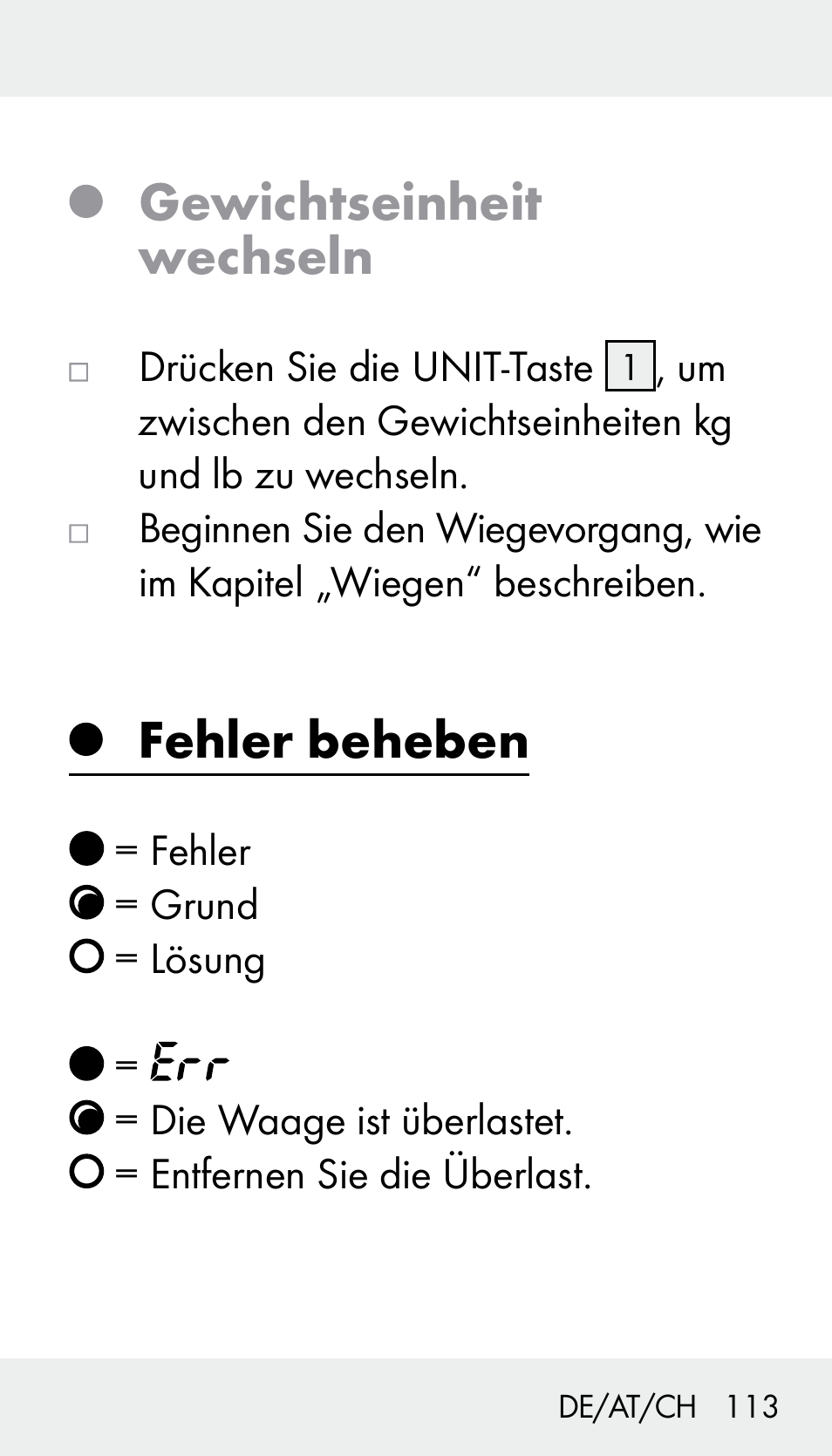 Gewichtseinheit wechseln, Fehler beheben | Silvercrest Z31894 User Manual | Page 113 / 120