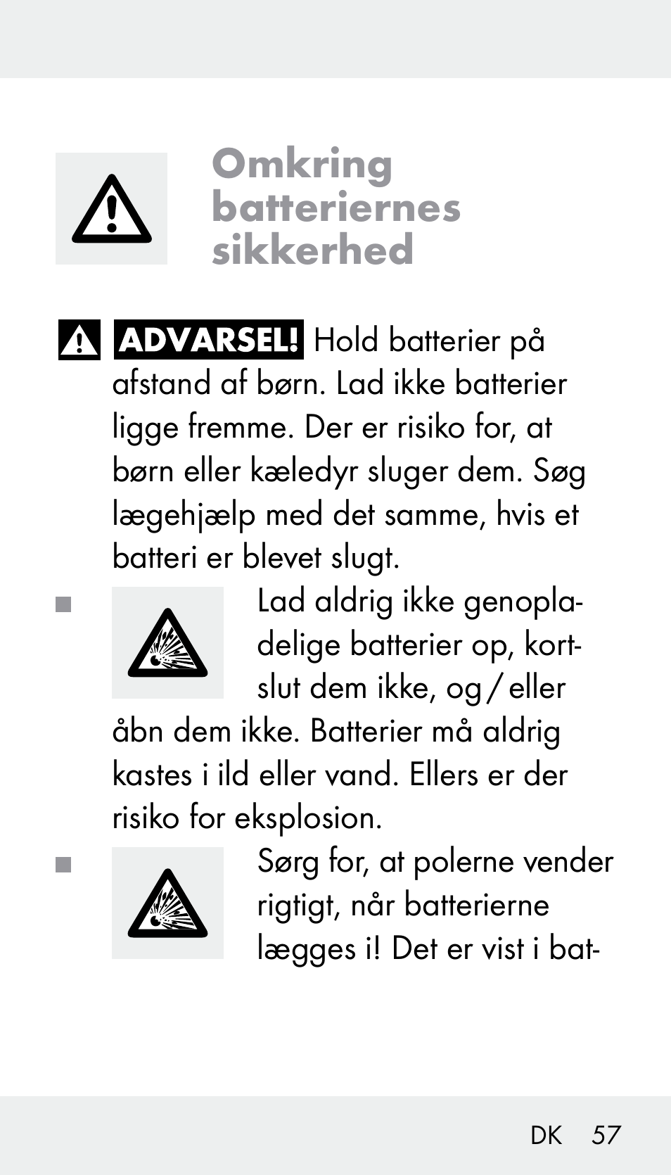 Omkring batteriernes sikkerhed | Silvercrest Z31894 User Manual | Page 57 / 120