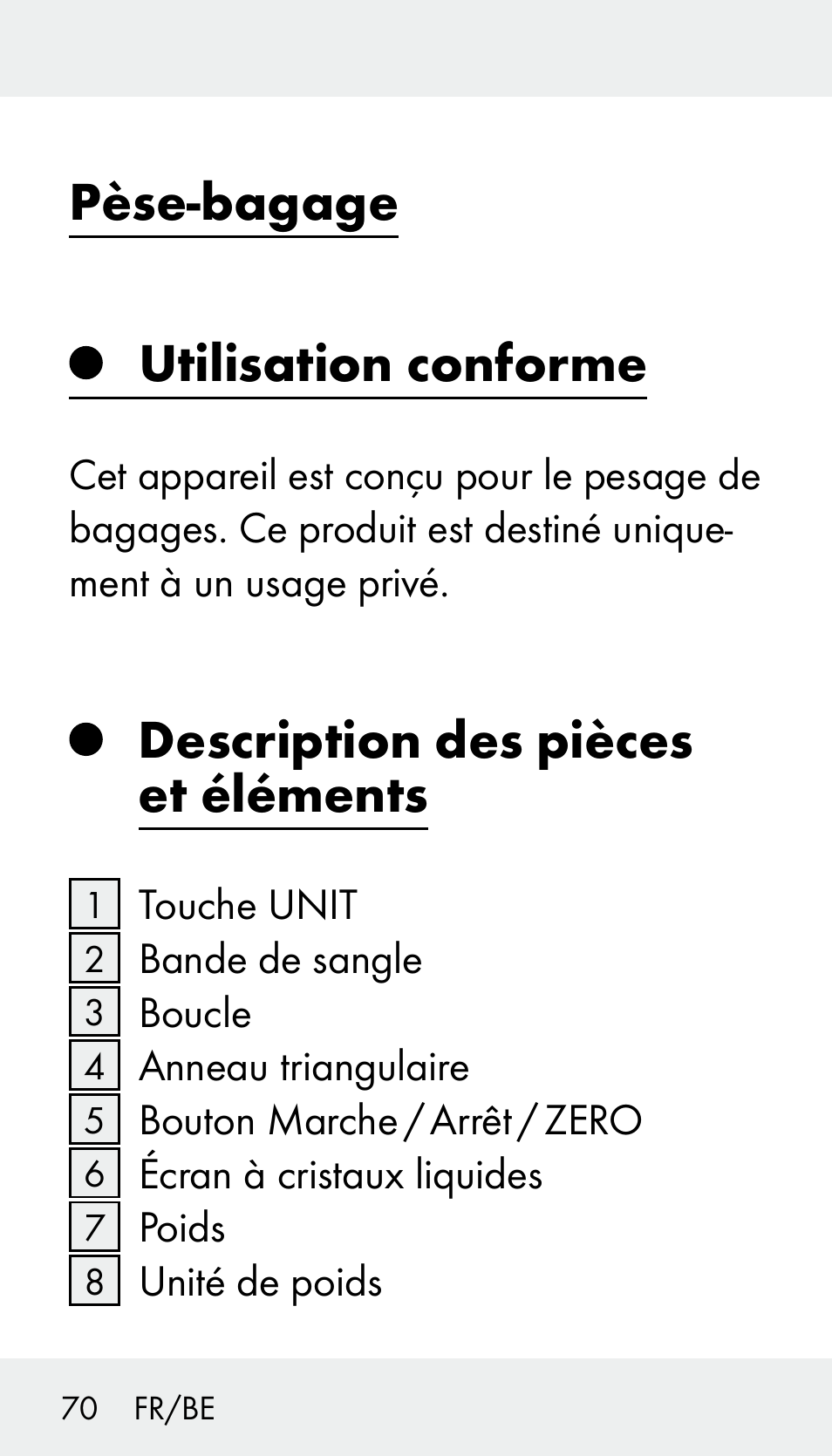 Pèse­bagage utilisation conforme, Description des pièces et éléments | Silvercrest Z31894 User Manual | Page 70 / 120