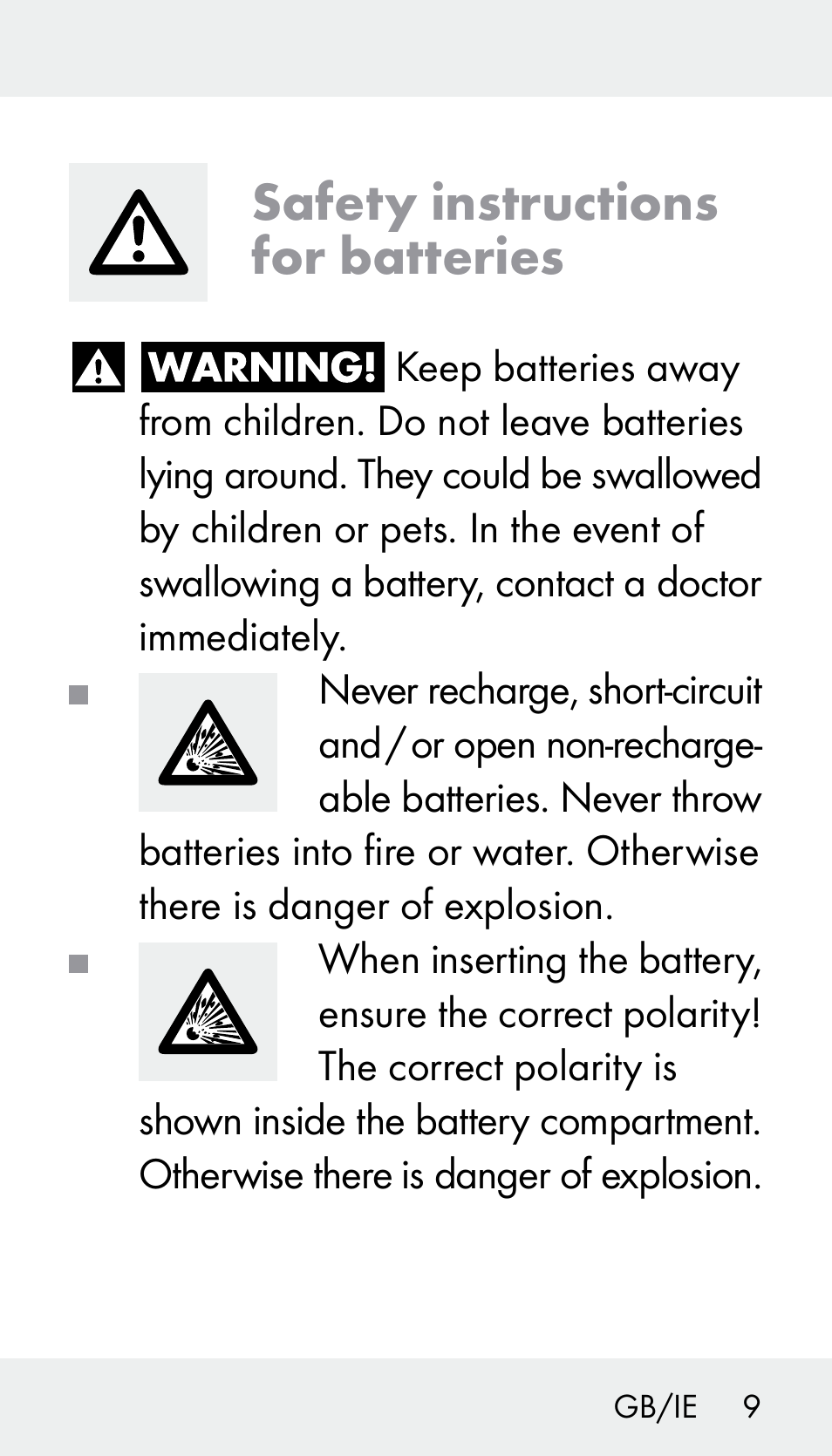 Safety instructions for batteries | Silvercrest Z31894 User Manual | Page 9 / 120