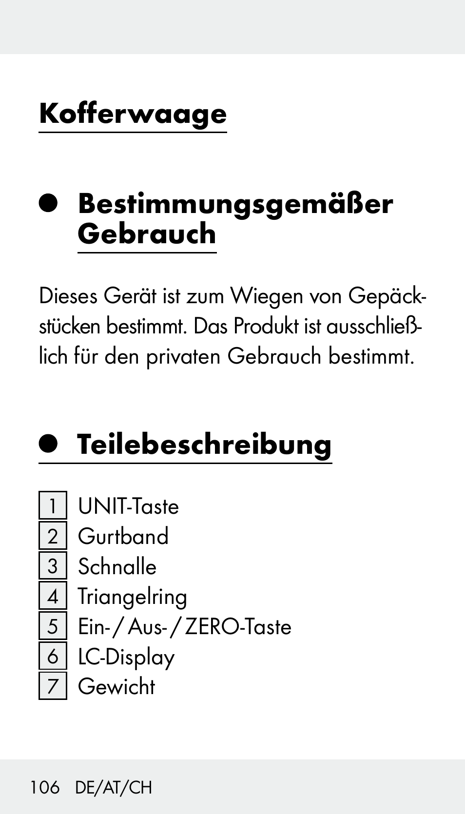 Kofferwaage bestimmungsgemäßer gebrauch, Teilebeschreibung | Silvercrest Z31894 User Manual | Page 106 / 122