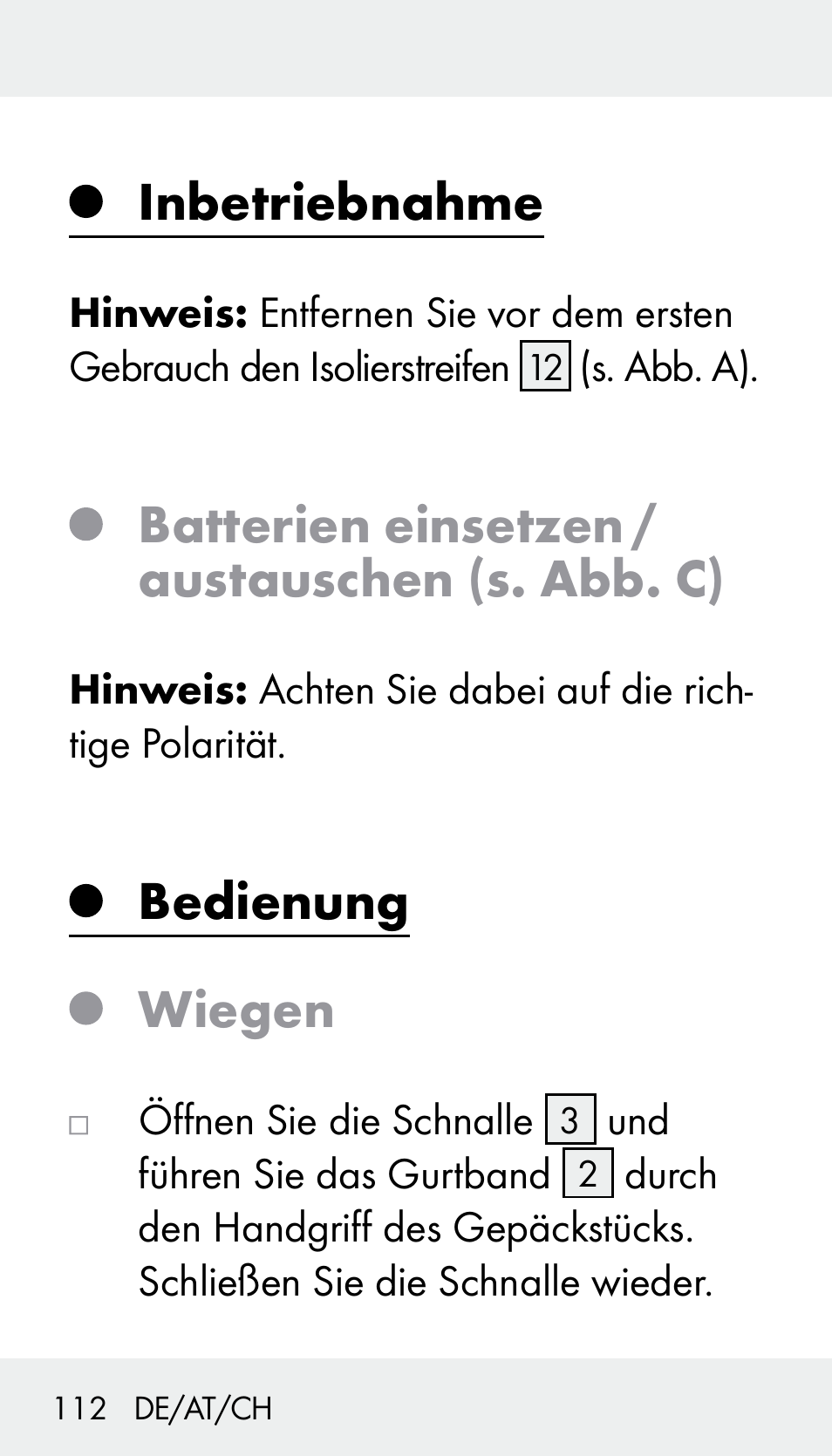 Inbetriebnahme, Batterien einsetzen / austauschen (s. abb. c), Bedienung wiegen | Silvercrest Z31894 User Manual | Page 112 / 122
