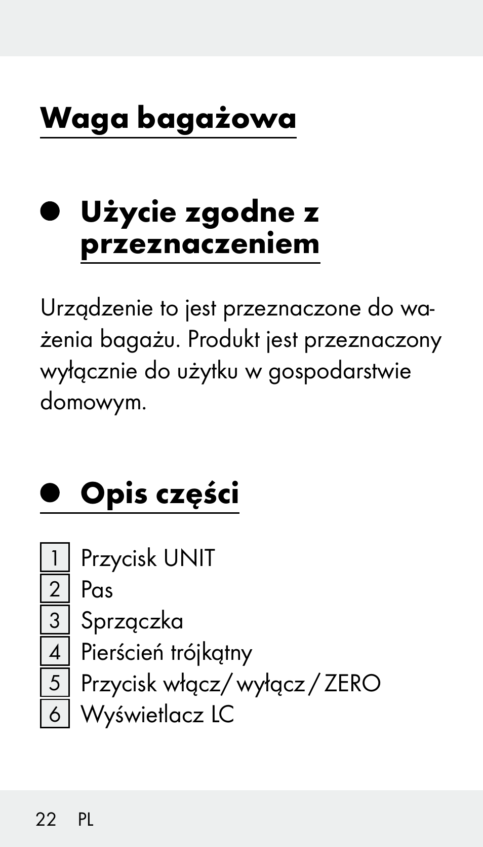 Waga bagażowa użycie zgodne z przeznaczeniem, Opis części | Silvercrest Z31894 User Manual | Page 22 / 122