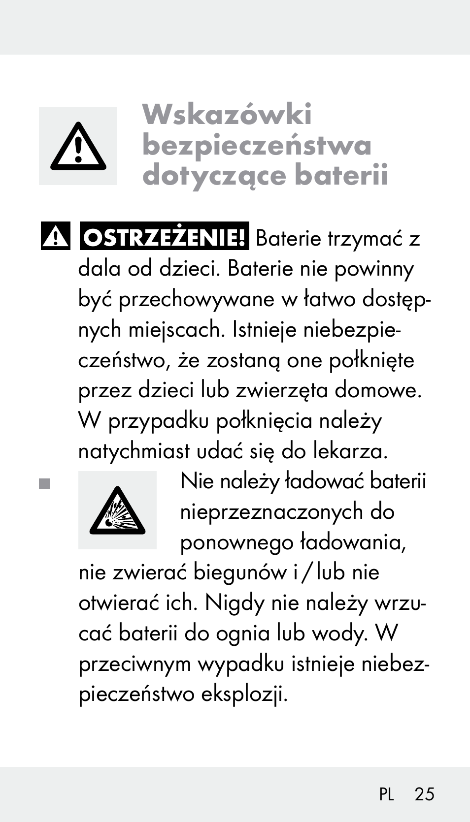 Wskazówki bezpieczeństwa dotyczące baterii | Silvercrest Z31894 User Manual | Page 25 / 122