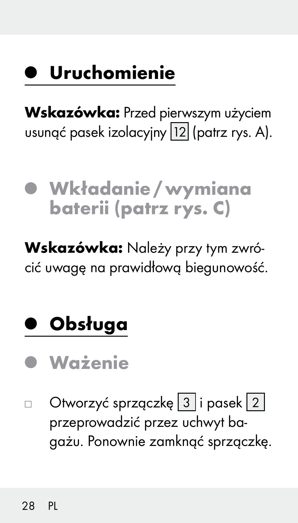 Uruchomienie, Wkładanie / wymiana baterii (patrz rys. c), Obsługa ważenie | Silvercrest Z31894 User Manual | Page 28 / 122