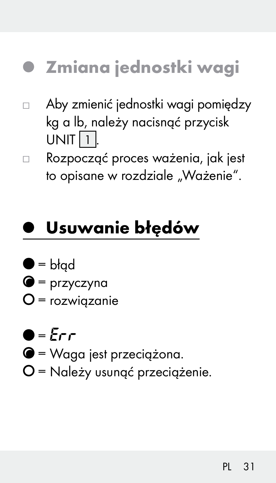 Zmiana jednostki wagi, Usuwanie błędów | Silvercrest Z31894 User Manual | Page 31 / 122