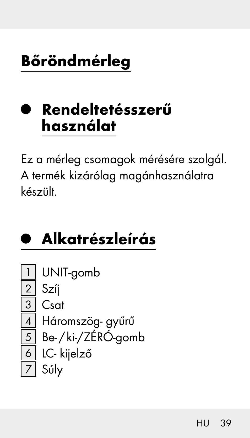 Bőröndmérleg rendeltetésszerű használat, Alkatrészleírás | Silvercrest Z31894 User Manual | Page 39 / 122