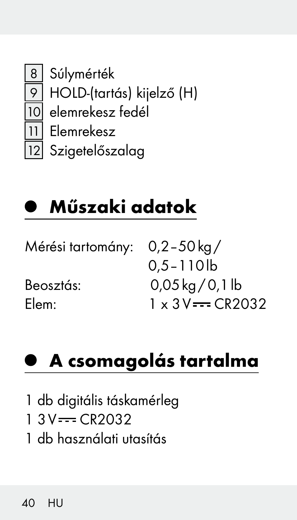 Műszaki adatok, A csomagolás tartalma | Silvercrest Z31894 User Manual | Page 40 / 122