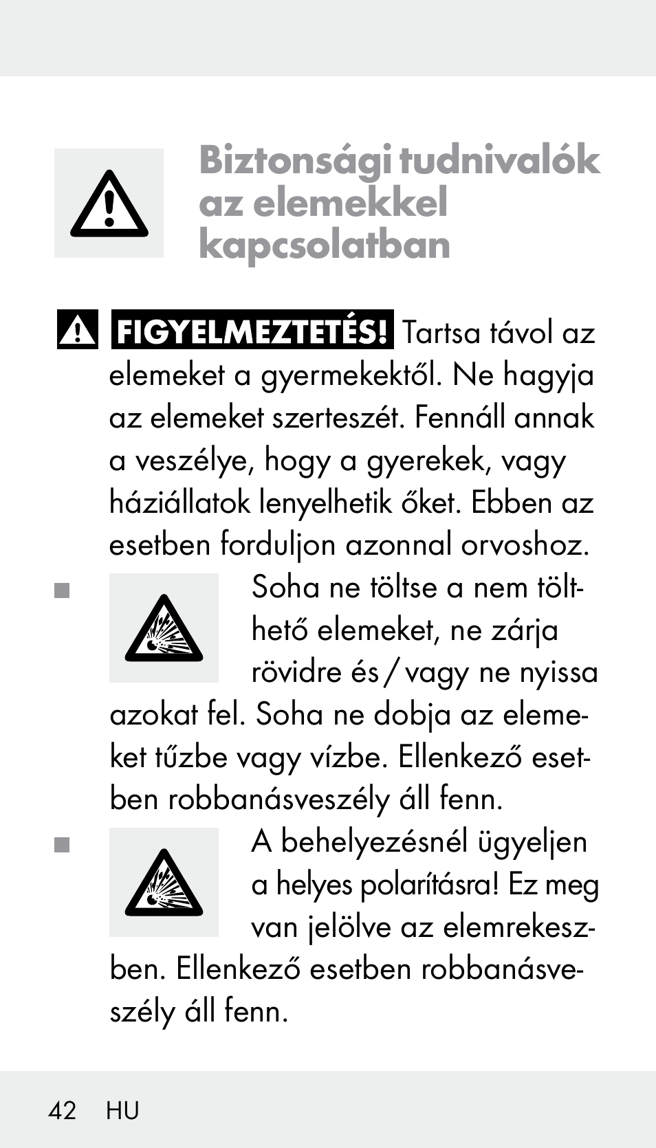 Biztonsági tudnivalók az elemekkel kapcsolatban | Silvercrest Z31894 User Manual | Page 42 / 122