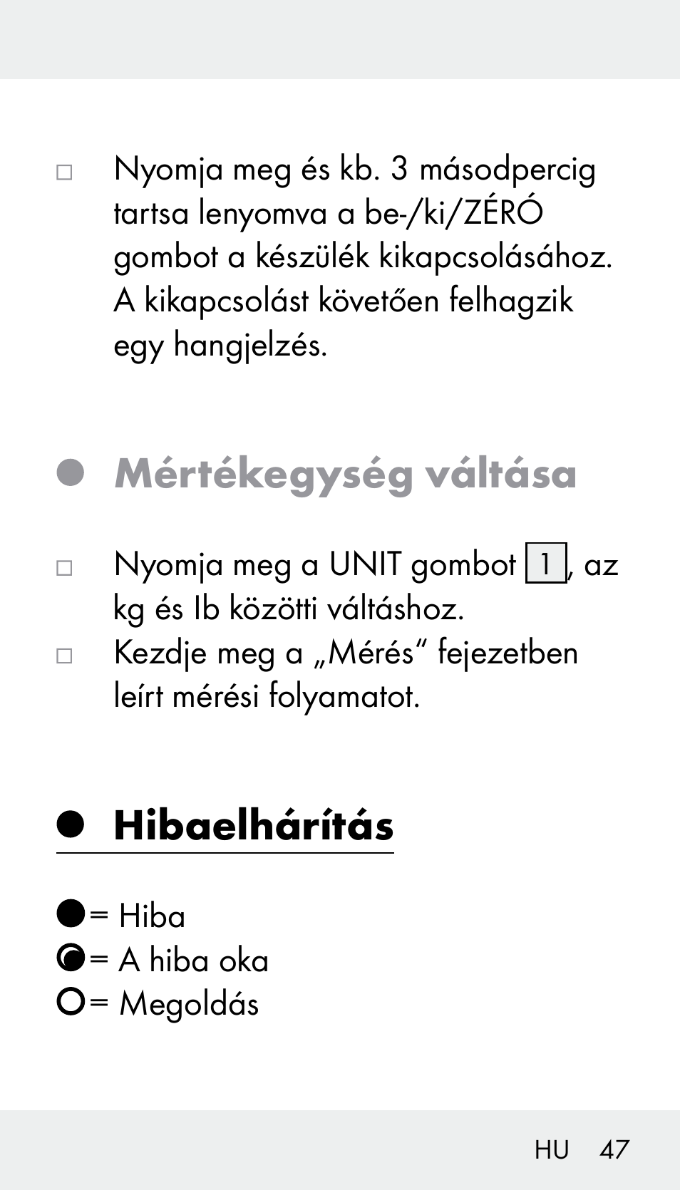 Mértékegység váltása, Hibaelhárítás | Silvercrest Z31894 User Manual | Page 47 / 122
