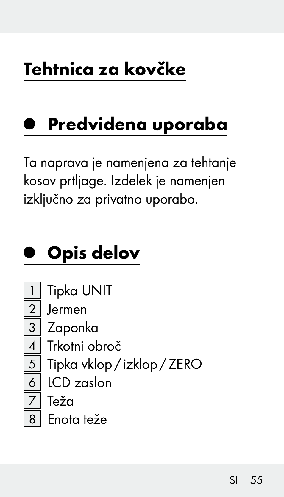 Tehtnica za kovčke predvidena uporaba, Opis delov | Silvercrest Z31894 User Manual | Page 55 / 122
