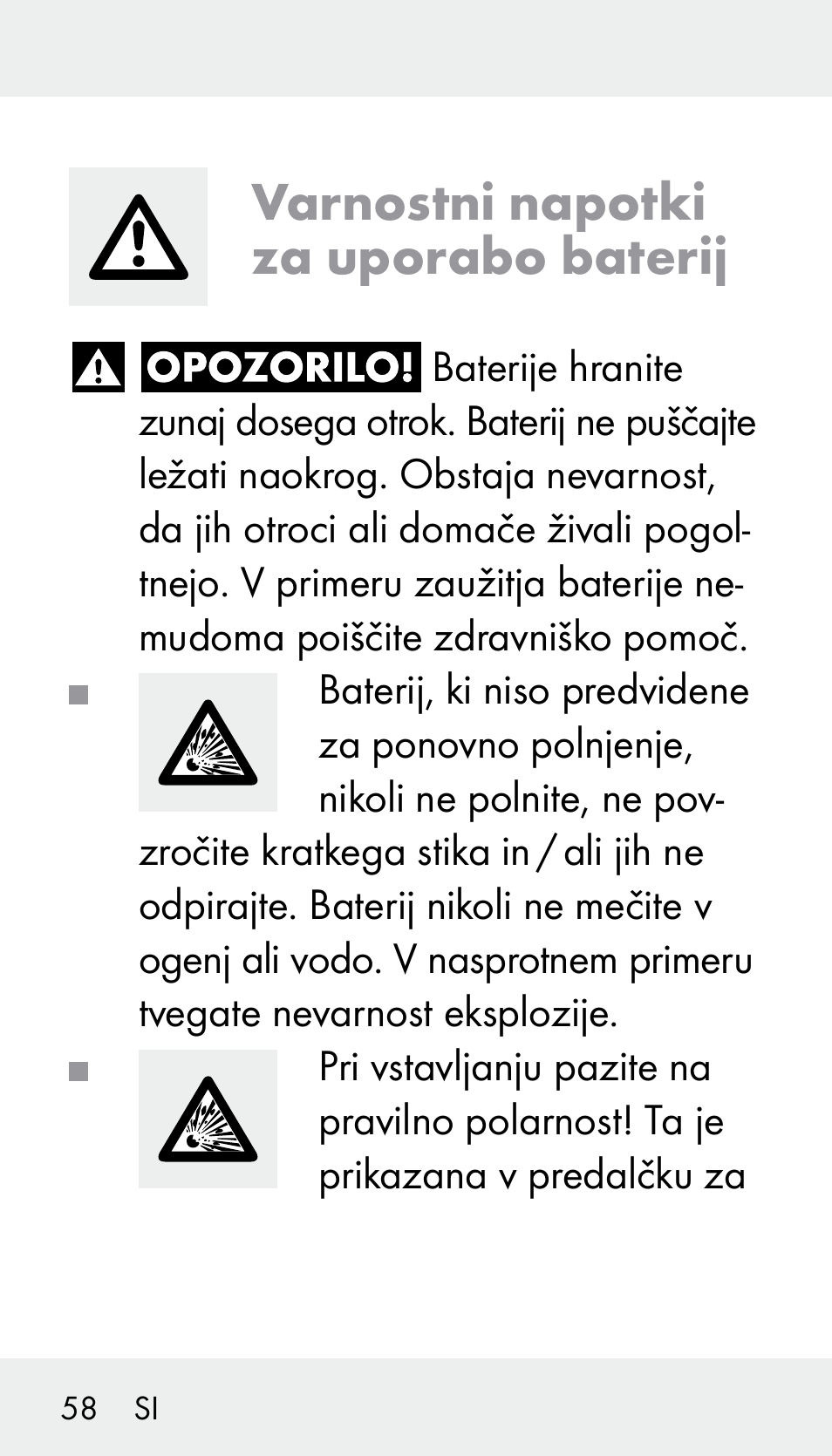 Varnostni napotki za uporabo baterij | Silvercrest Z31894 User Manual | Page 58 / 122