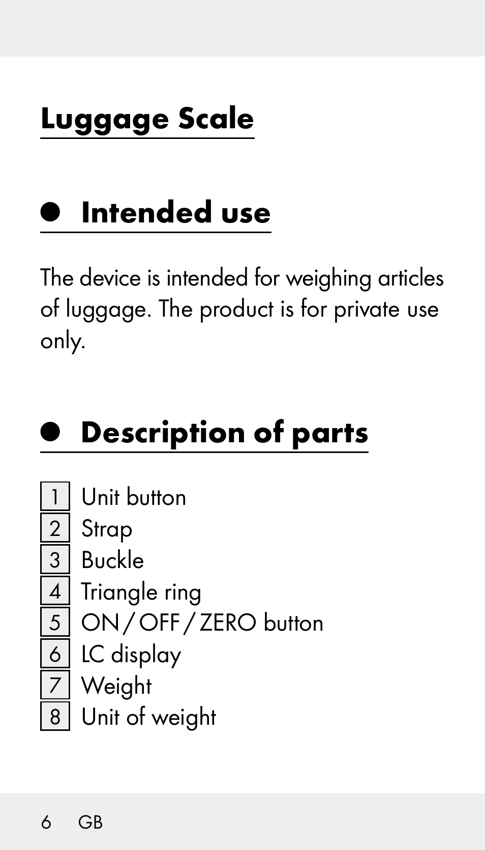 Luggage scale intended use, Description of parts | Silvercrest Z31894 User Manual | Page 6 / 122