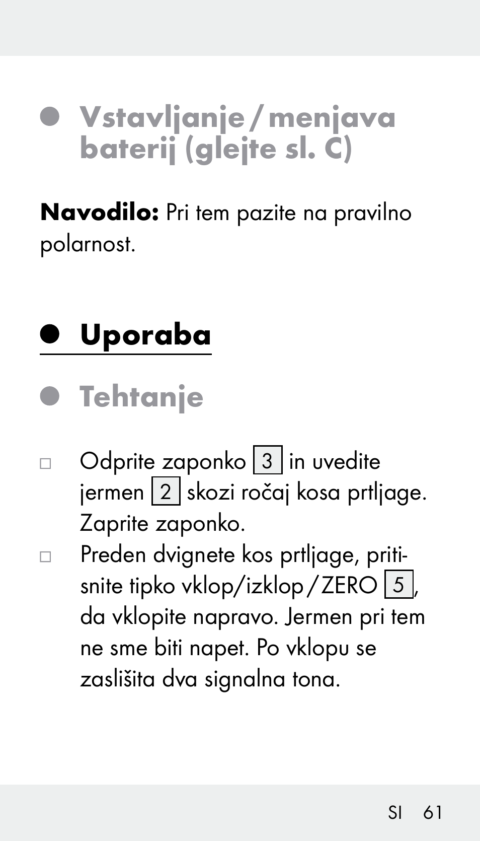 Vstavljanje / menjava baterij (glejte sl. c), Uporaba tehtanje | Silvercrest Z31894 User Manual | Page 61 / 122