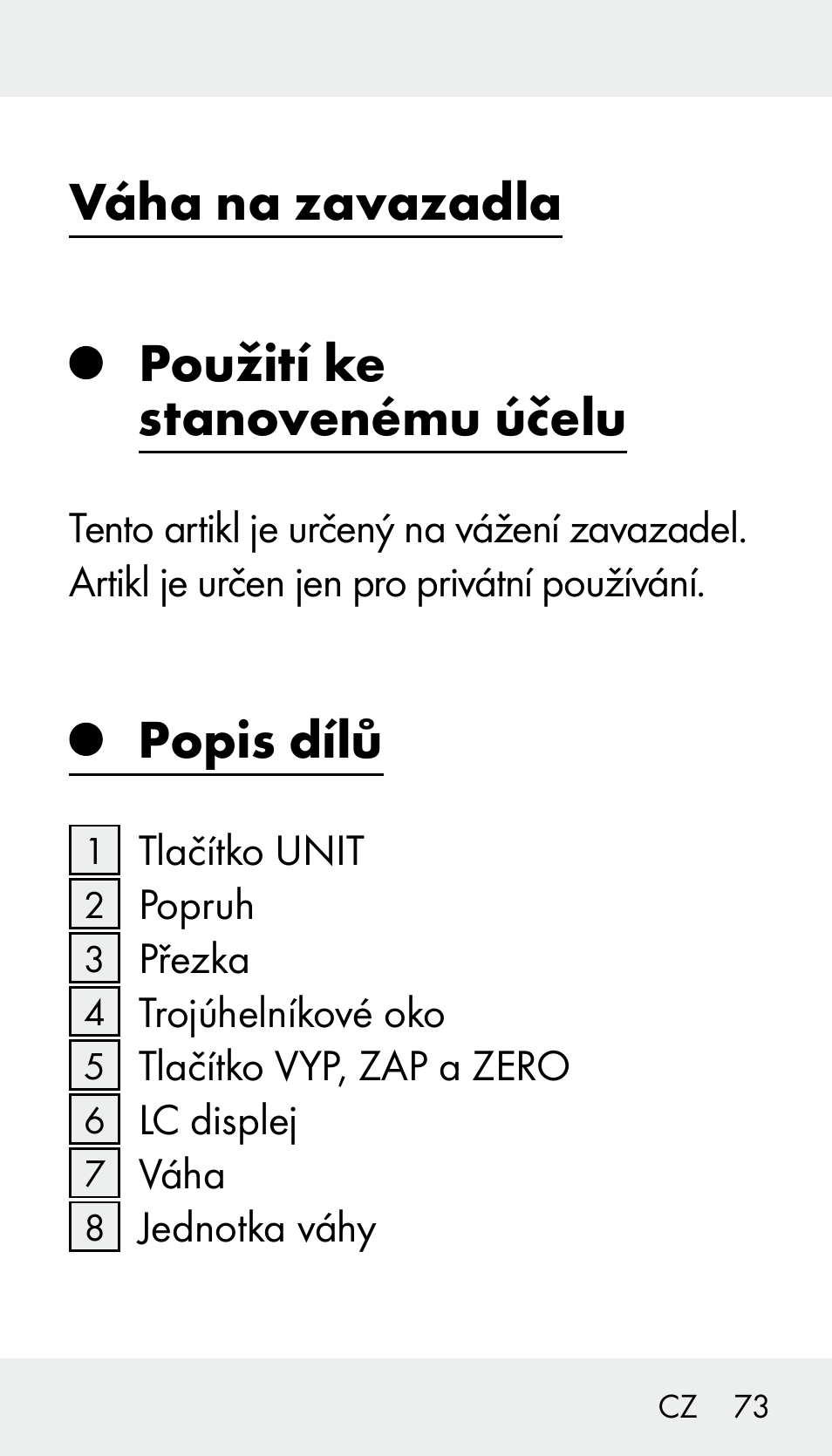 Váha na zavazadla použití ke stanovenému účelu, Popis dílů | Silvercrest Z31894 User Manual | Page 73 / 122