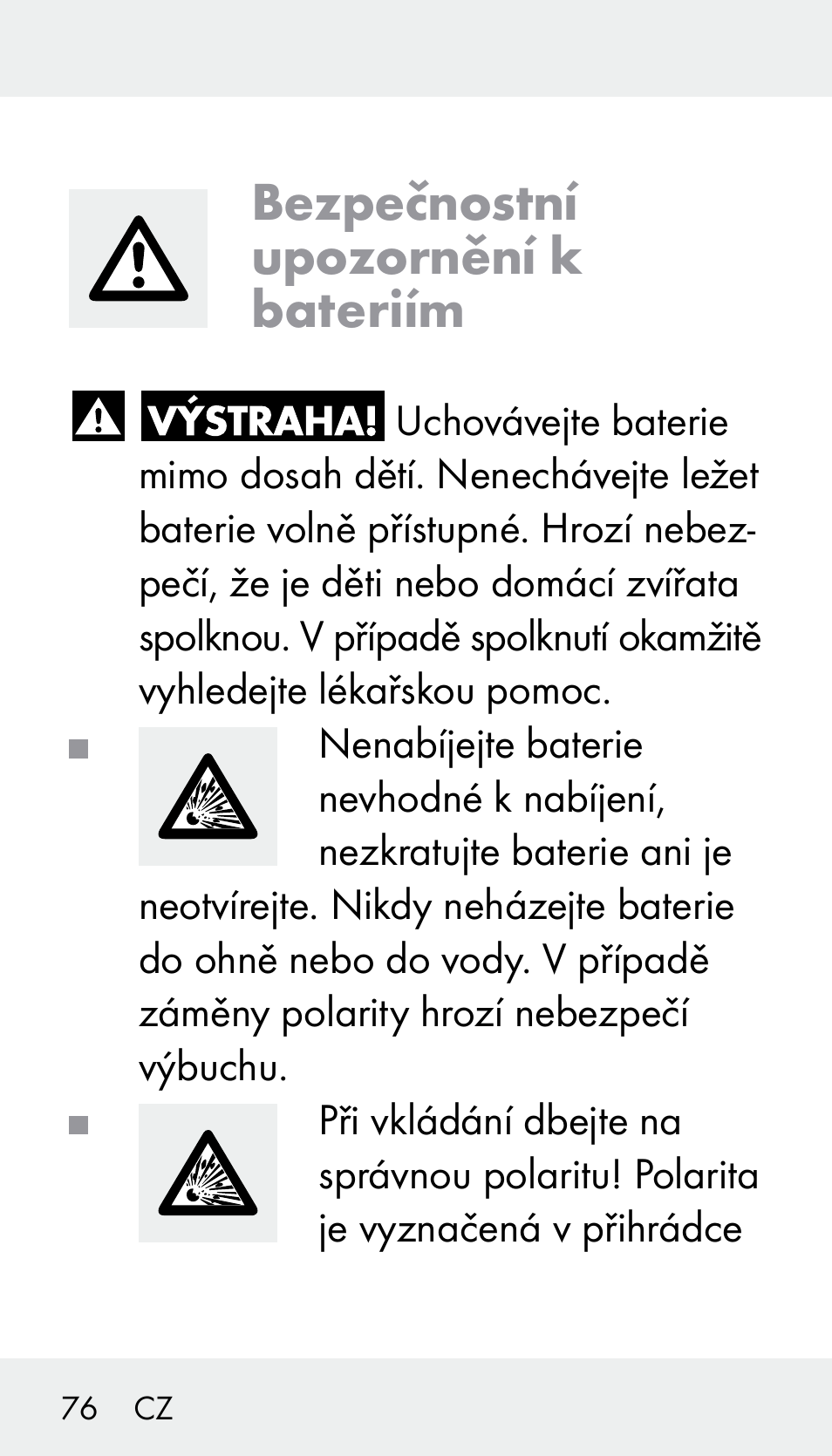 Bezpečnostní upozornění k bateriím | Silvercrest Z31894 User Manual | Page 76 / 122