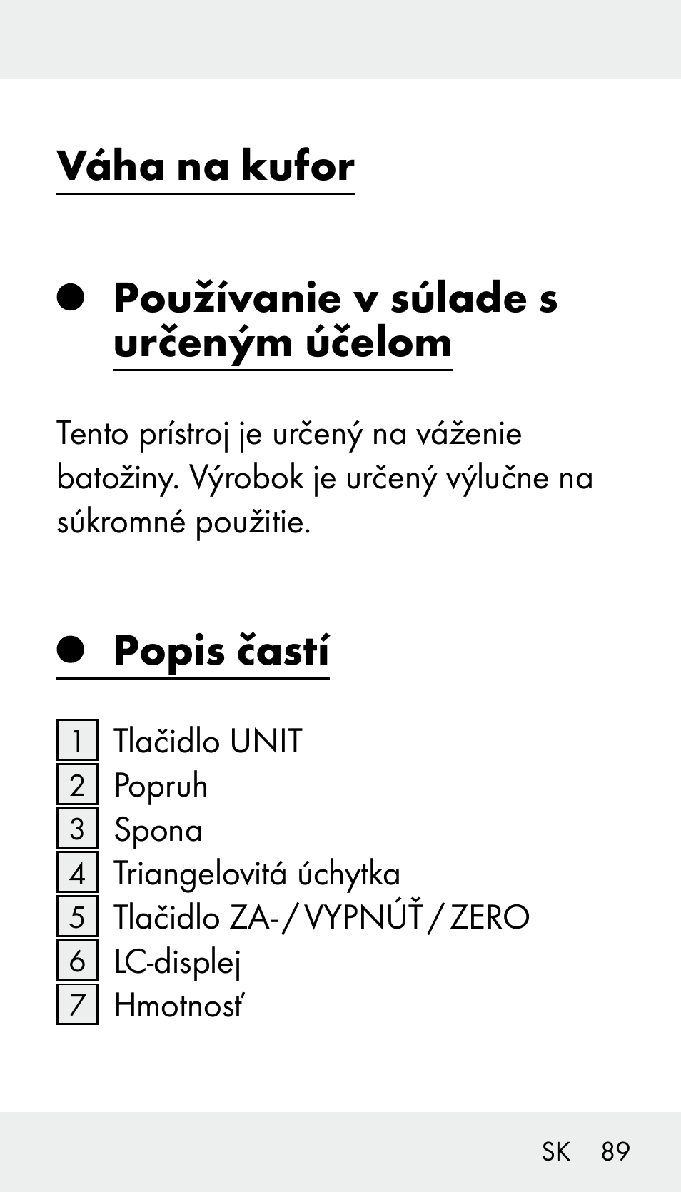 Váha na kufor používanie v súlade s určeným účelom, Popis častí | Silvercrest Z31894 User Manual | Page 89 / 122