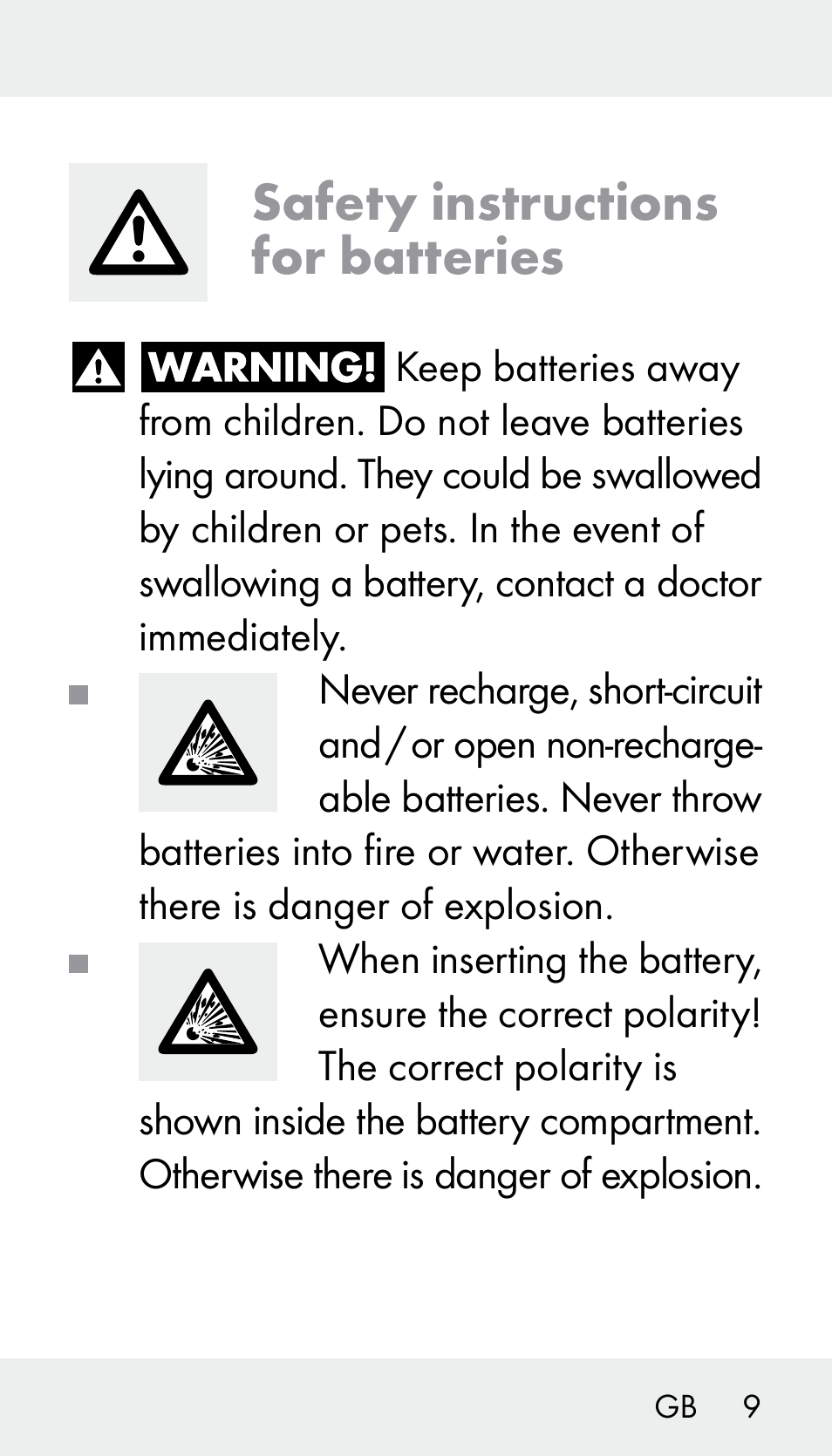 Safety instructions for batteries | Silvercrest Z31894 User Manual | Page 9 / 122