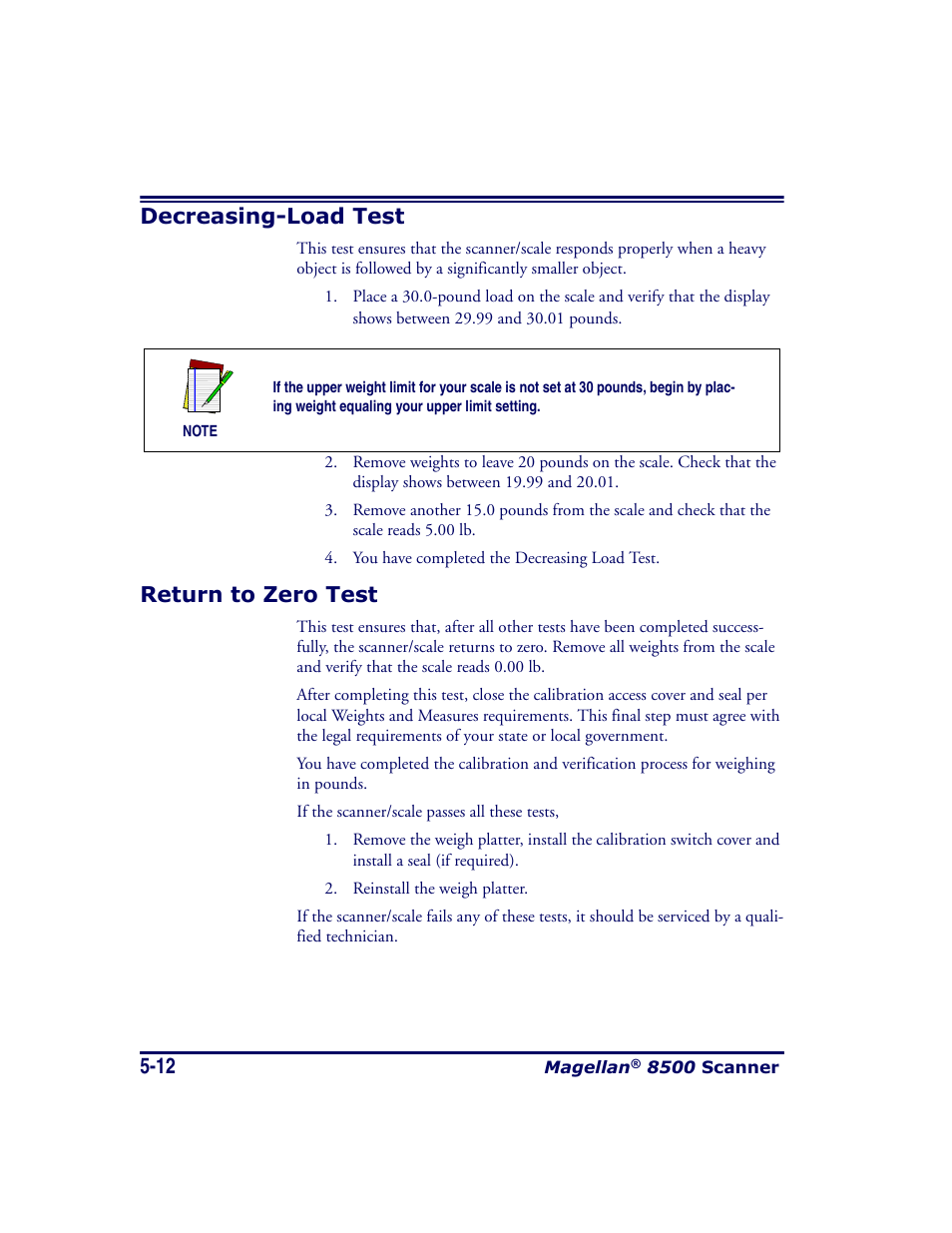 Decreasing-load test, Return to zero test, Decreasing-load test -12 return to zero test -12 | Datalogic Scanning MAGELLAN 8500 User Manual | Page 100 / 436