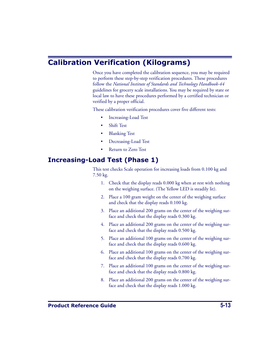 Calibration verification (kilograms), Increasing-load test (phase 1), Calibration verification (kilograms) -13 | Increasing-load test (phase 1) -13 | Datalogic Scanning MAGELLAN 8500 User Manual | Page 101 / 436