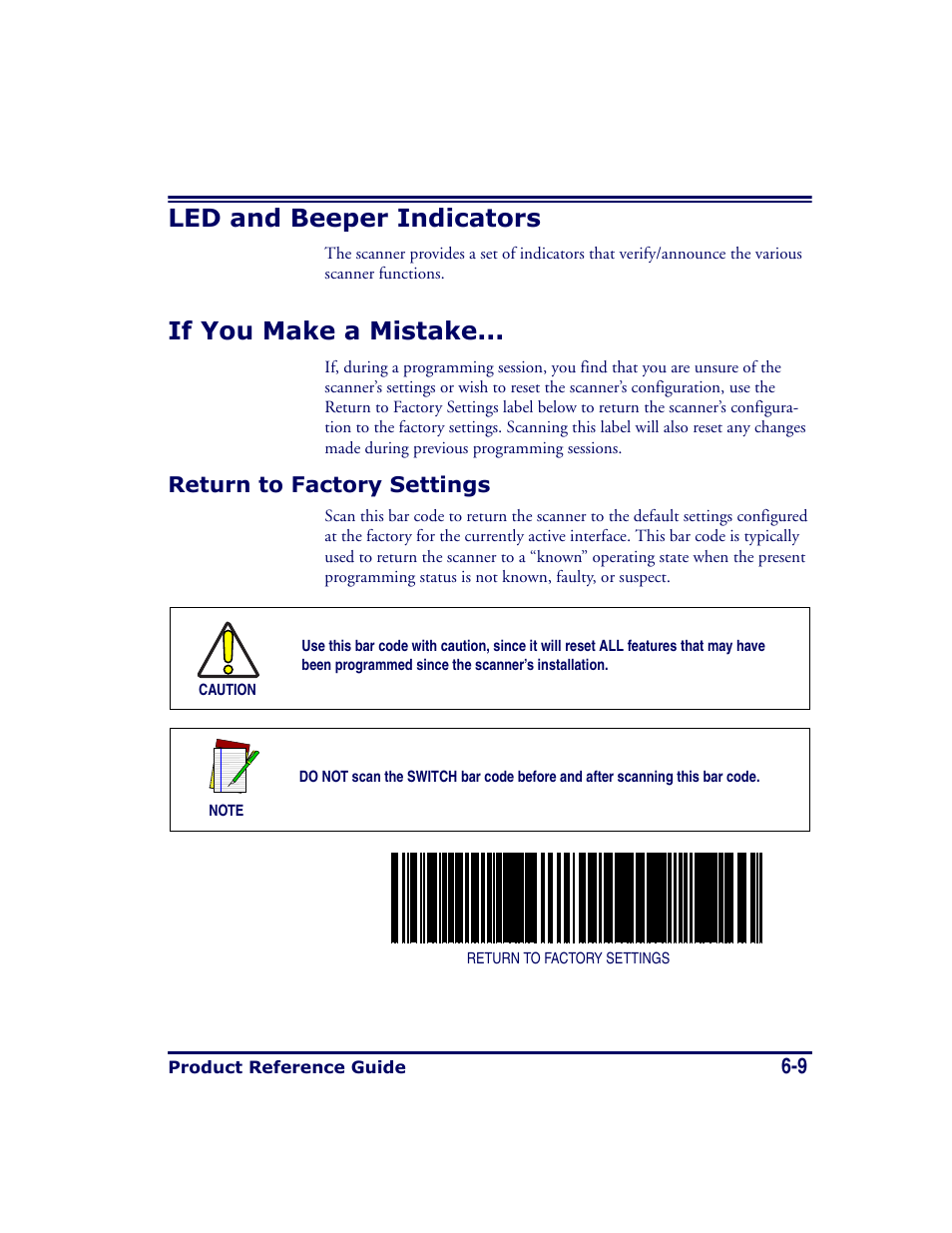 Led and beeper indicators, If you make a mistake, Return to factory settings | Return to factory settings -9 | Datalogic Scanning MAGELLAN 8500 User Manual | Page 115 / 436