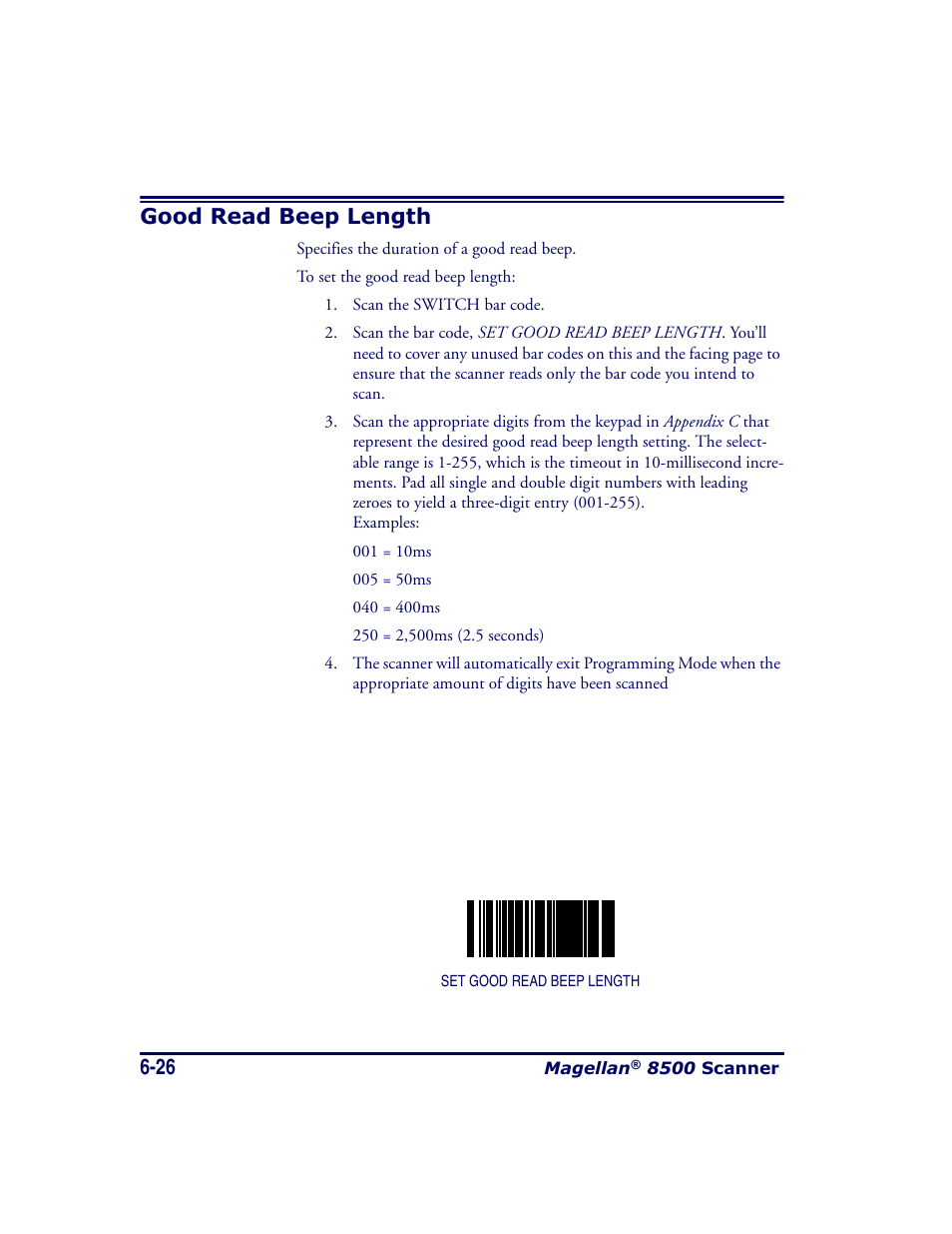 Good read beep length, Good read beep length -26 | Datalogic Scanning MAGELLAN 8500 User Manual | Page 132 / 436