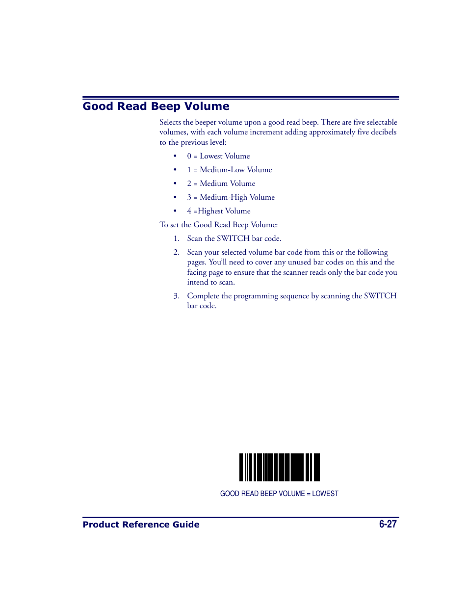 Good read beep volume, Good read beep volume -27, 27 good read beep volume | Datalogic Scanning MAGELLAN 8500 User Manual | Page 133 / 436