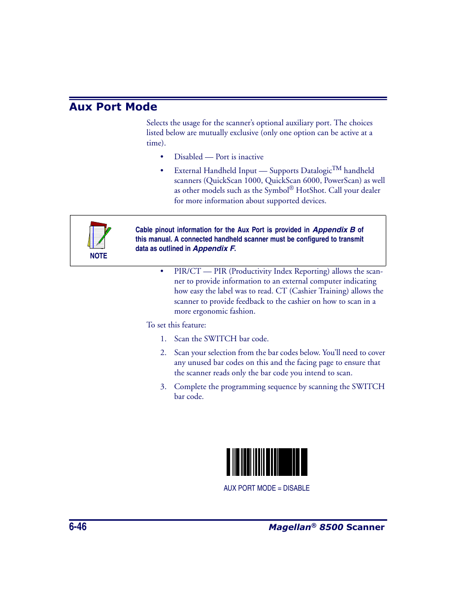 Aux port mode, Aux port mode -46 | Datalogic Scanning MAGELLAN 8500 User Manual | Page 152 / 436