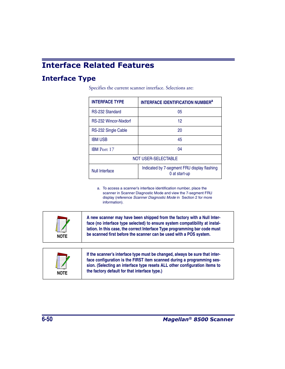 Interface related features, Interface type, Interface related features -50 | Interface type -50, Ace type , in section | Datalogic Scanning MAGELLAN 8500 User Manual | Page 156 / 436