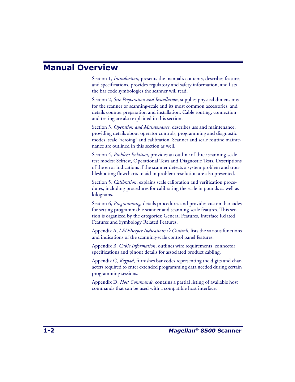 Manual overview, Manual overview -2 | Datalogic Scanning MAGELLAN 8500 User Manual | Page 16 / 436