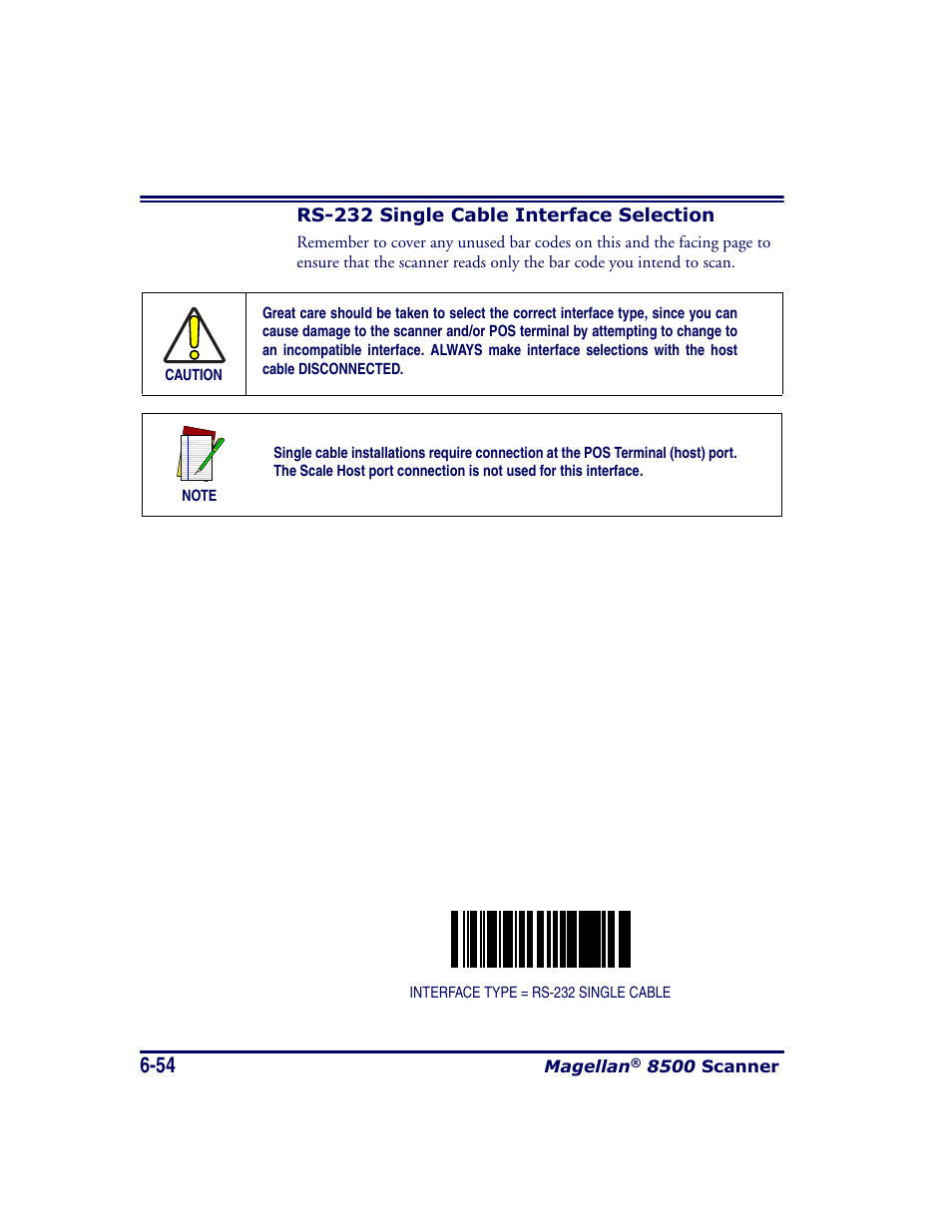 Rs-232 single cable interface selection, Rs-232 single cable interface selection -54 | Datalogic Scanning MAGELLAN 8500 User Manual | Page 160 / 436