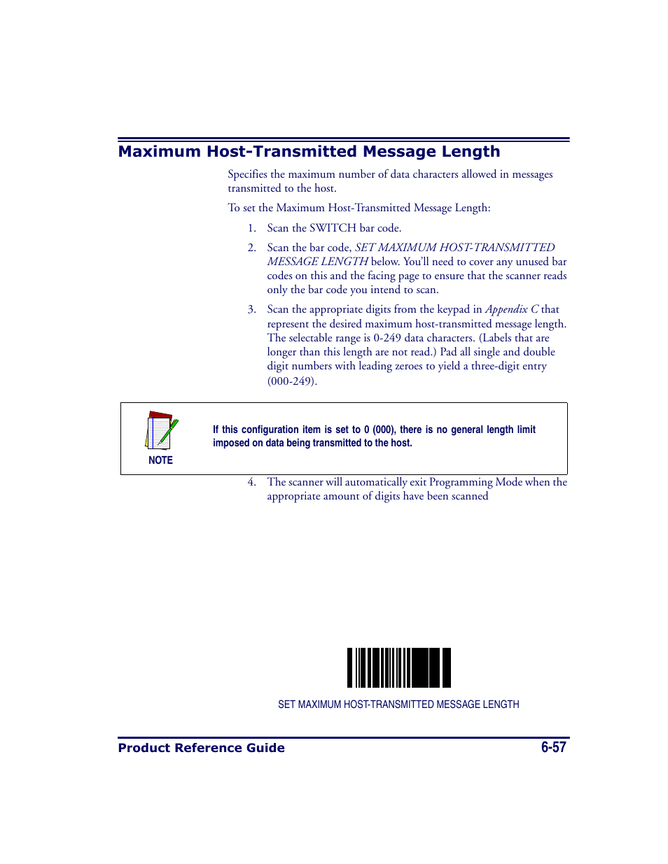 Maximum host-transmitted message length, Maximum host-transmitted message length -57, 57 maximum host-transmitted message length | Datalogic Scanning MAGELLAN 8500 User Manual | Page 163 / 436