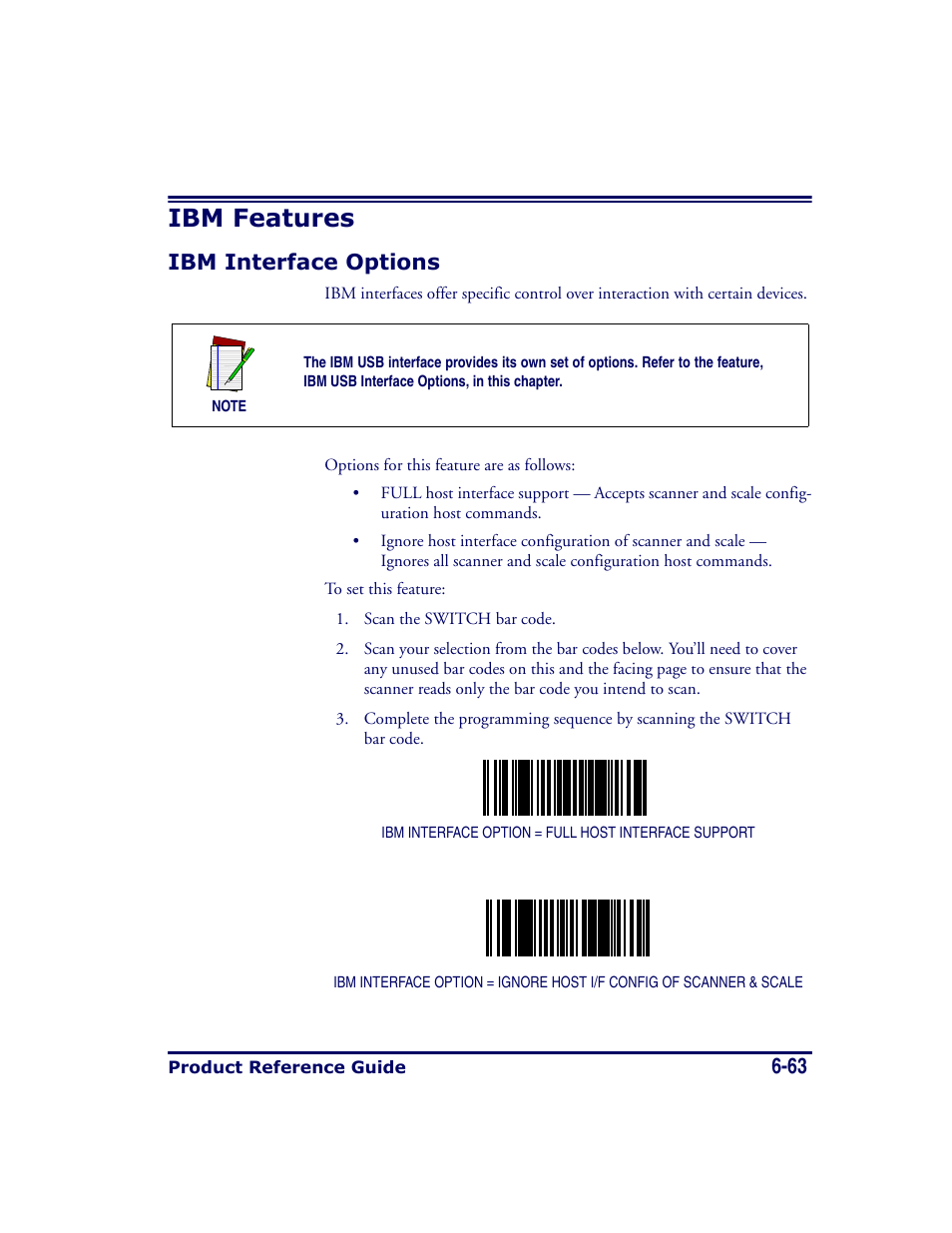 Ibm features, Ibm interface options, Ibm features -63 | Ibm interface options -63 | Datalogic Scanning MAGELLAN 8500 User Manual | Page 169 / 436