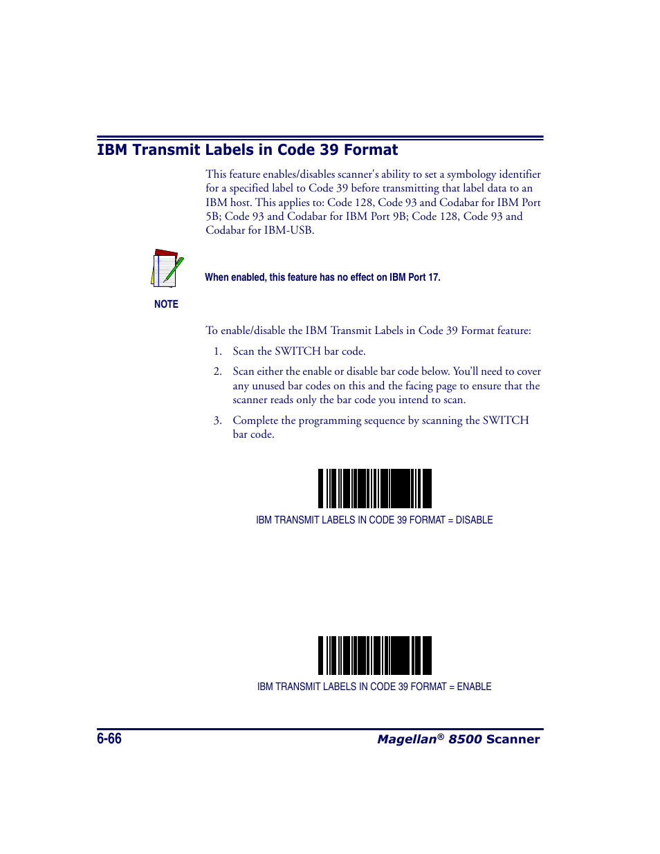 Ibm transmit labels in code 39 format, Ibm transmit labels in code 39 format -66 | Datalogic Scanning MAGELLAN 8500 User Manual | Page 172 / 436