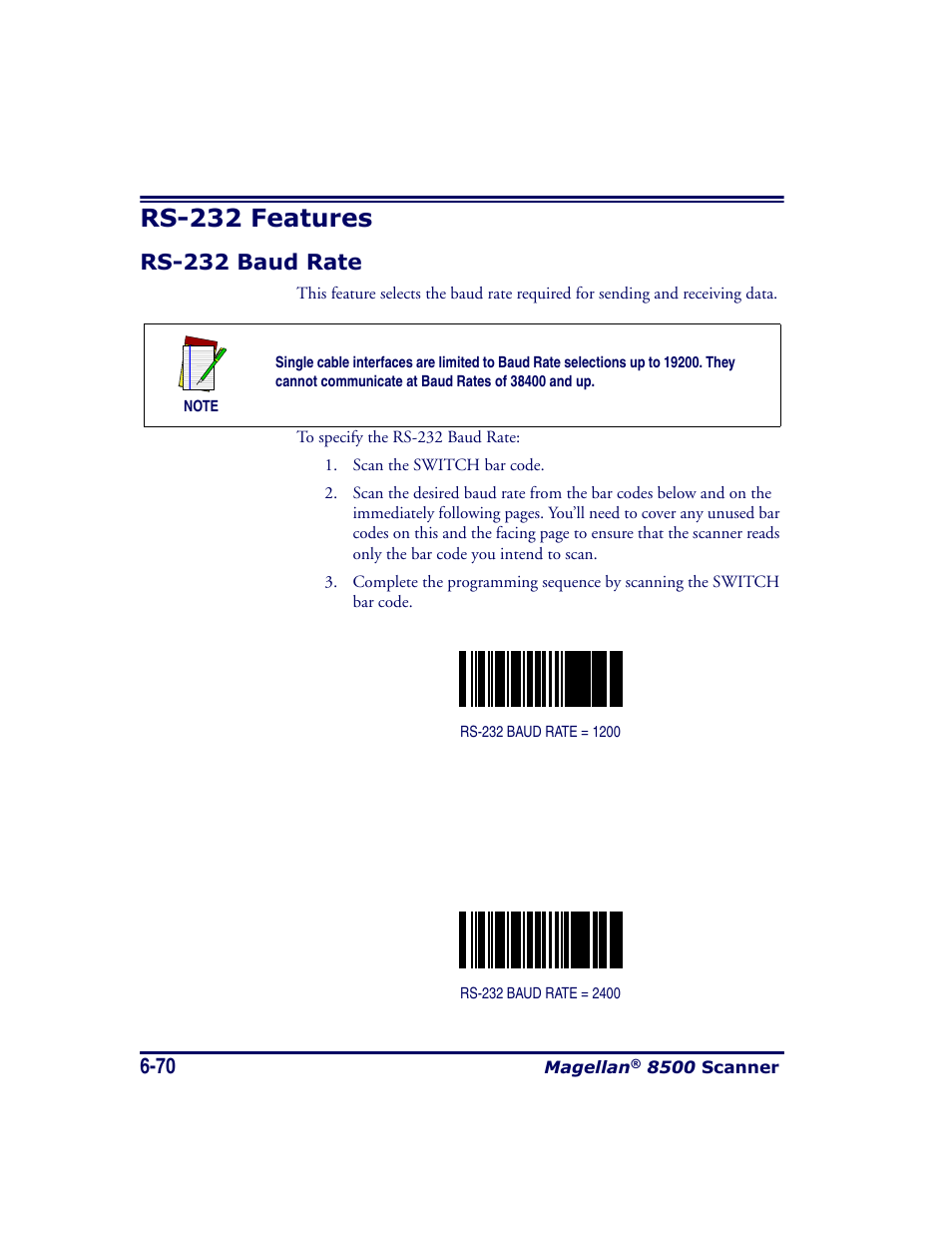 Rs-232 features, Rs-232 baud rate, Rs-232 features -70 | Rs-232 baud rate -70 | Datalogic Scanning MAGELLAN 8500 User Manual | Page 176 / 436