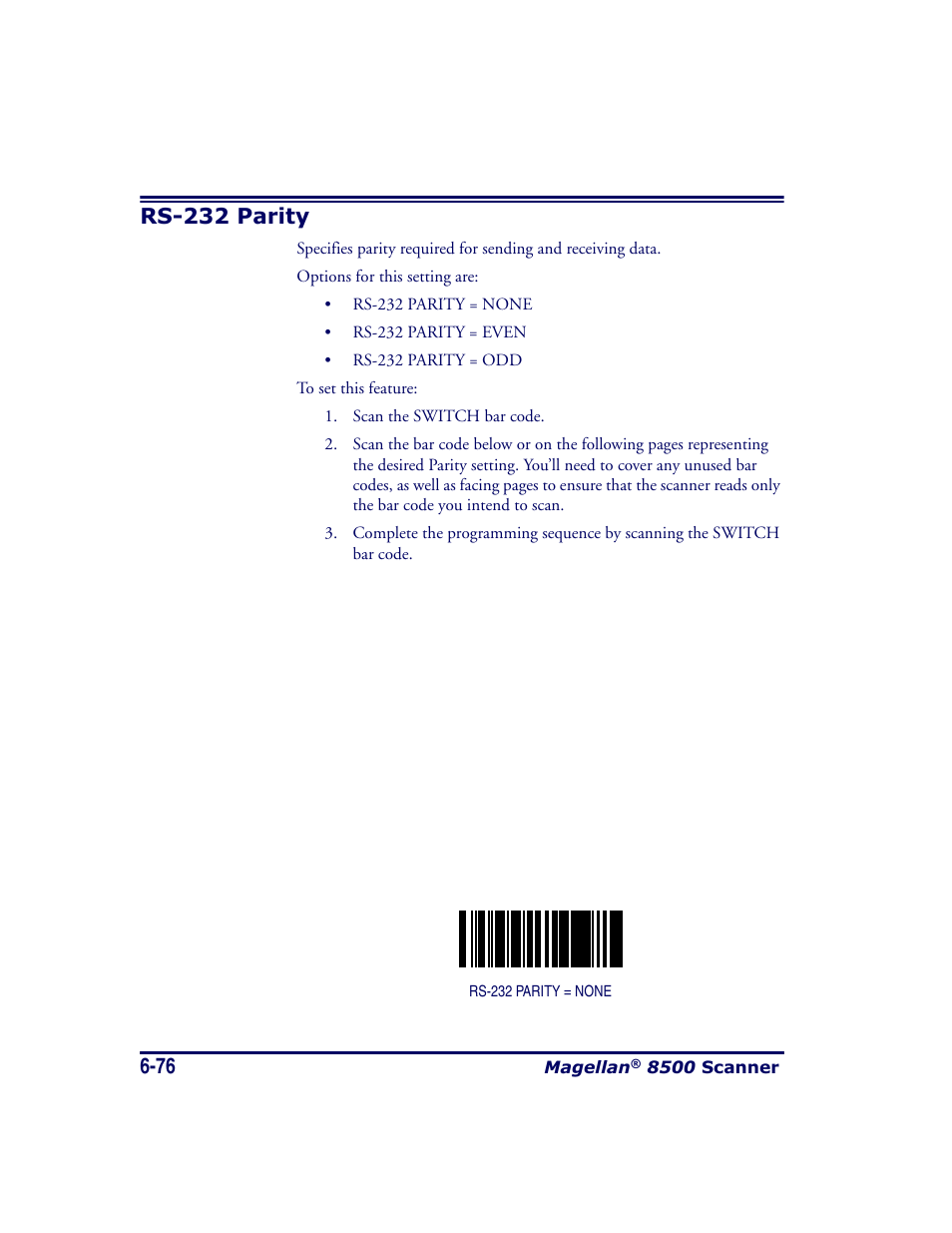 Rs-232 parity, Rs-232 parity -76 | Datalogic Scanning MAGELLAN 8500 User Manual | Page 182 / 436