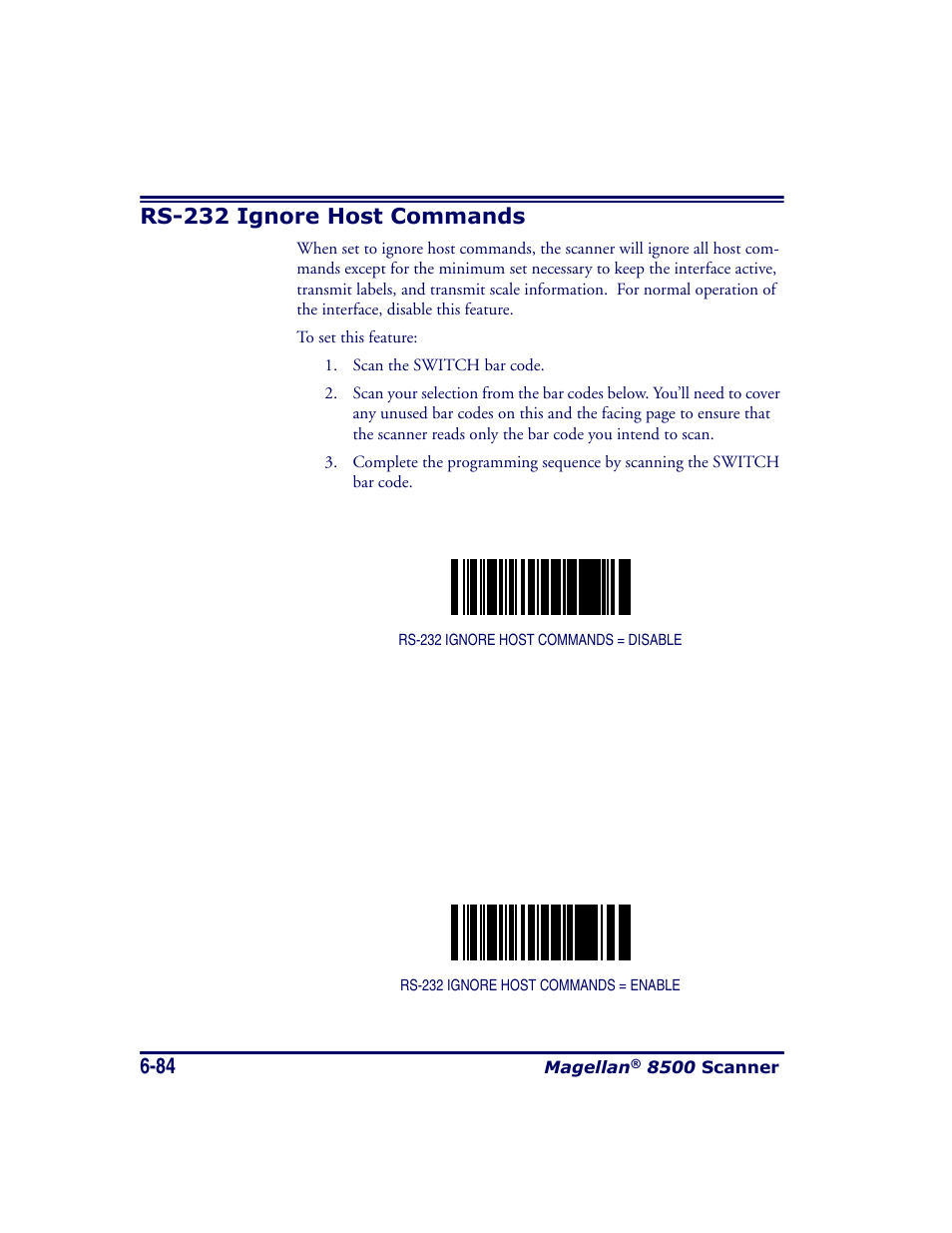 Rs-232 ignore host commands, Rs-232 ignore host commands -84 | Datalogic Scanning MAGELLAN 8500 User Manual | Page 190 / 436