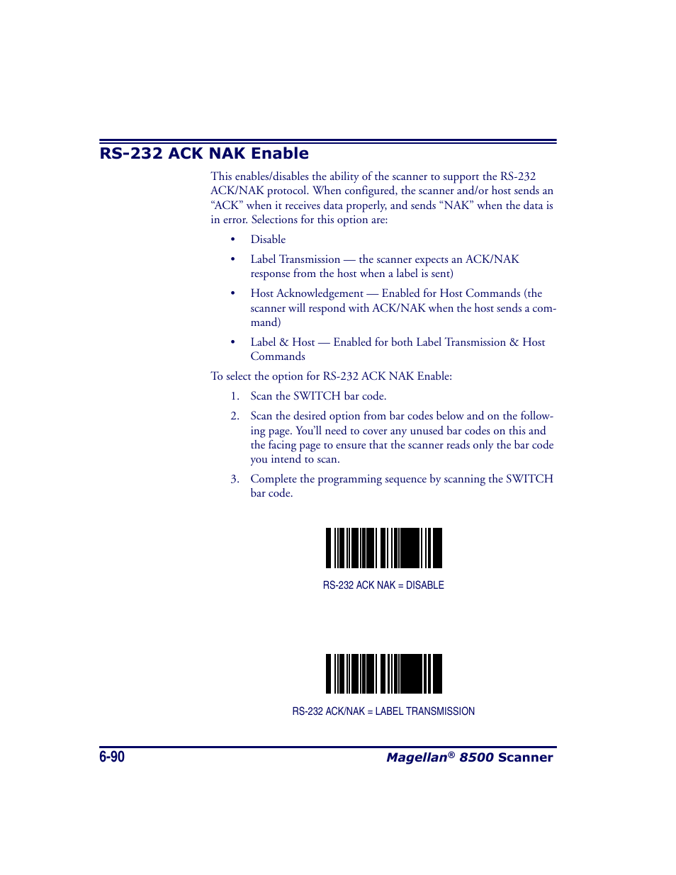 Rs-232 ack nak enable, Rs-232 ack nak enable -90 | Datalogic Scanning MAGELLAN 8500 User Manual | Page 196 / 436