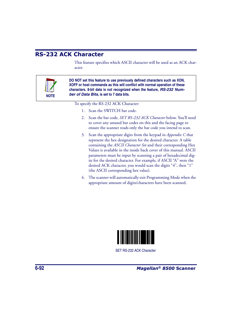 Rs-232 ack character, Rs-232 ack character -92 | Datalogic Scanning MAGELLAN 8500 User Manual | Page 198 / 436