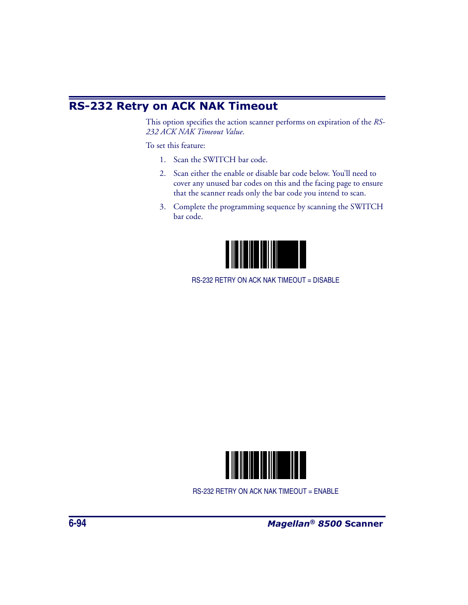 Rs-232 retry on ack nak timeout, Rs-232 retry on ack nak timeout -94 | Datalogic Scanning MAGELLAN 8500 User Manual | Page 200 / 436