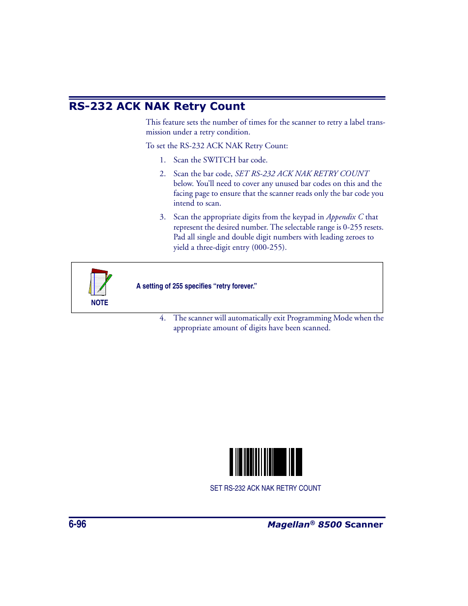 Rs-232 ack nak retry count, Rs-232 ack nak retry count -96 | Datalogic Scanning MAGELLAN 8500 User Manual | Page 202 / 436