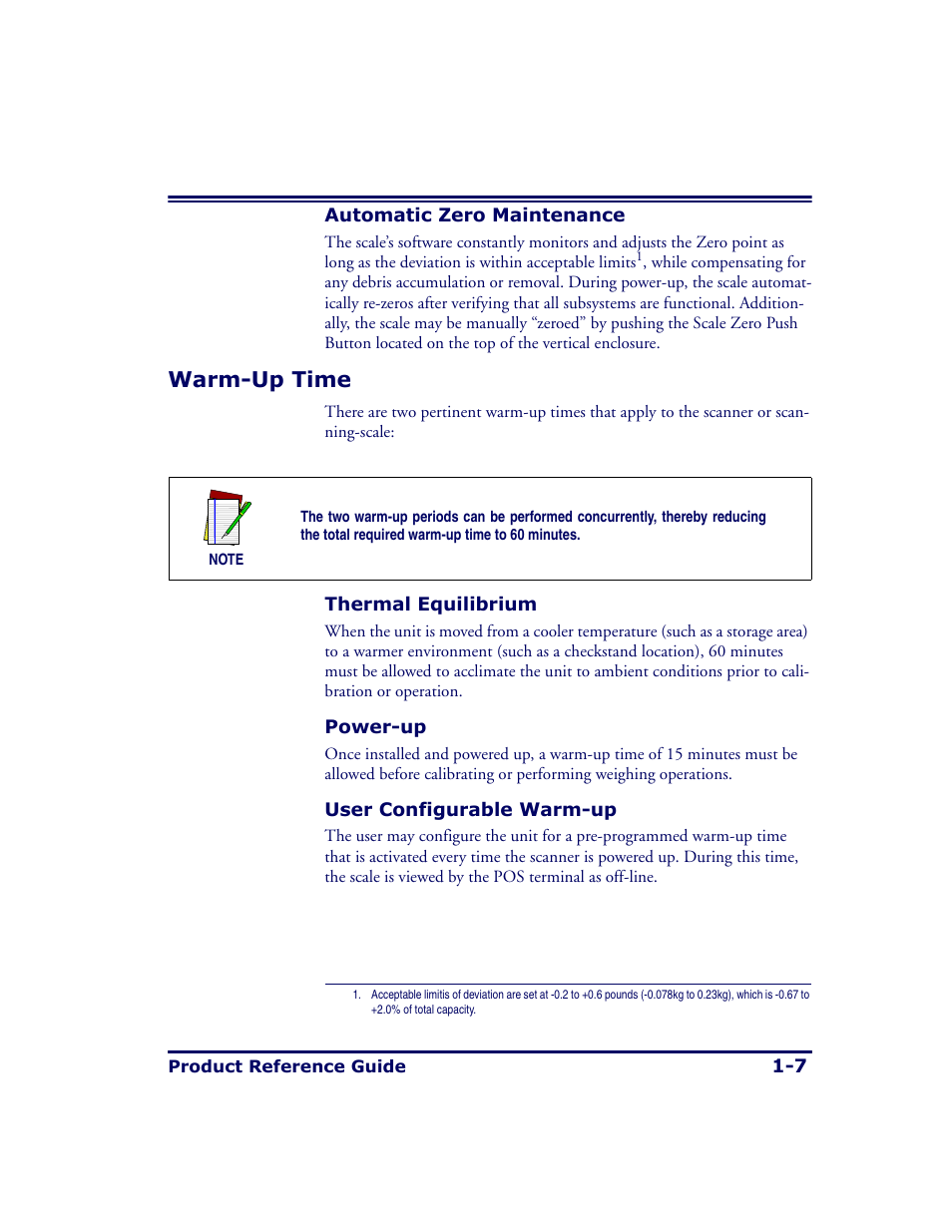 Automatic zero maintenance, Warm-up time, Thermal equilibrium | Power-up, User configurable warm-up, Automatic zero maintenance -7, Warm-up time -7 | Datalogic Scanning MAGELLAN 8500 User Manual | Page 21 / 436