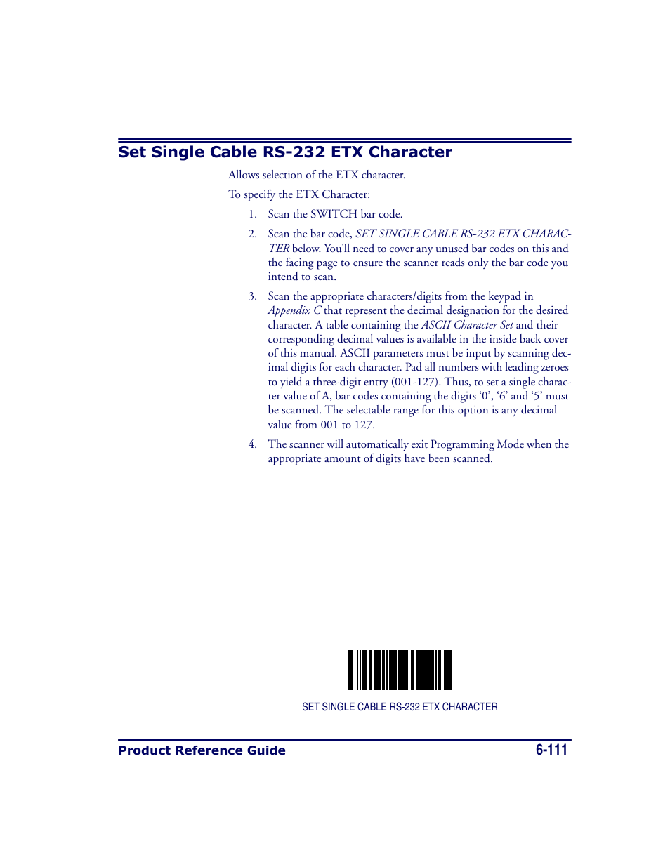 Set single cable rs-232 etx character, Set single cable rs-232 etx character -111 | Datalogic Scanning MAGELLAN 8500 User Manual | Page 217 / 436