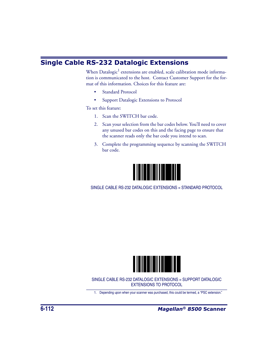 Single cable rs-232 datalogic extensions, Single cable rs-232 datalogic extensions -112 | Datalogic Scanning MAGELLAN 8500 User Manual | Page 218 / 436