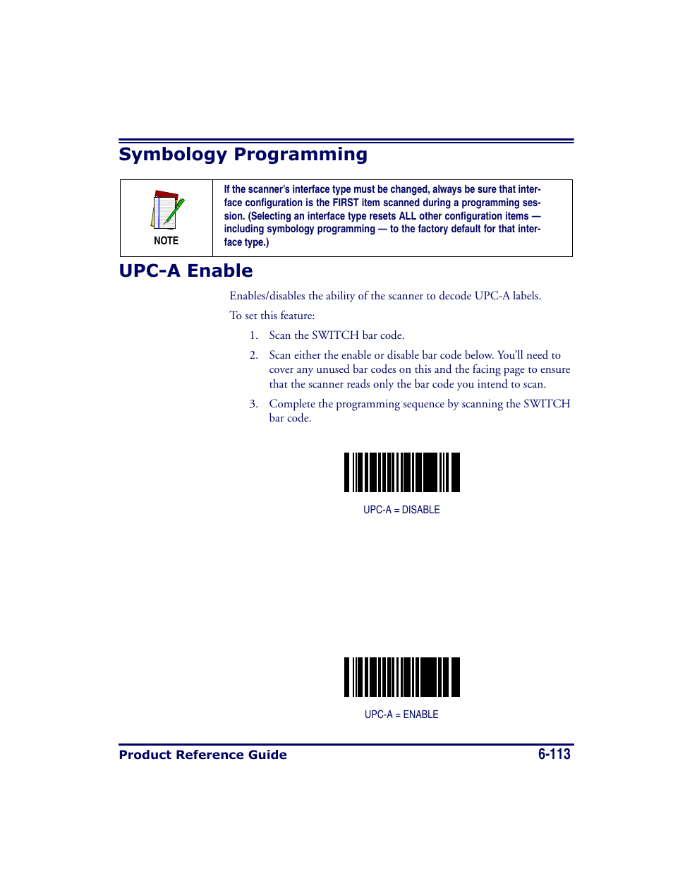 Symbology programming, Upc-a enable, Symbology programming -113 upc-a enable -113 | Symbology programming upc-a enable | Datalogic Scanning MAGELLAN 8500 User Manual | Page 219 / 436