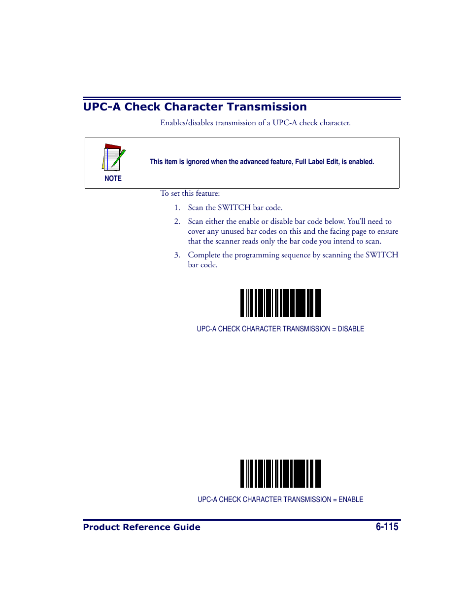 Upc-a check character transmission, Upc-a check character transmission -115, 115 upc-a check character transmission | Datalogic Scanning MAGELLAN 8500 User Manual | Page 221 / 436