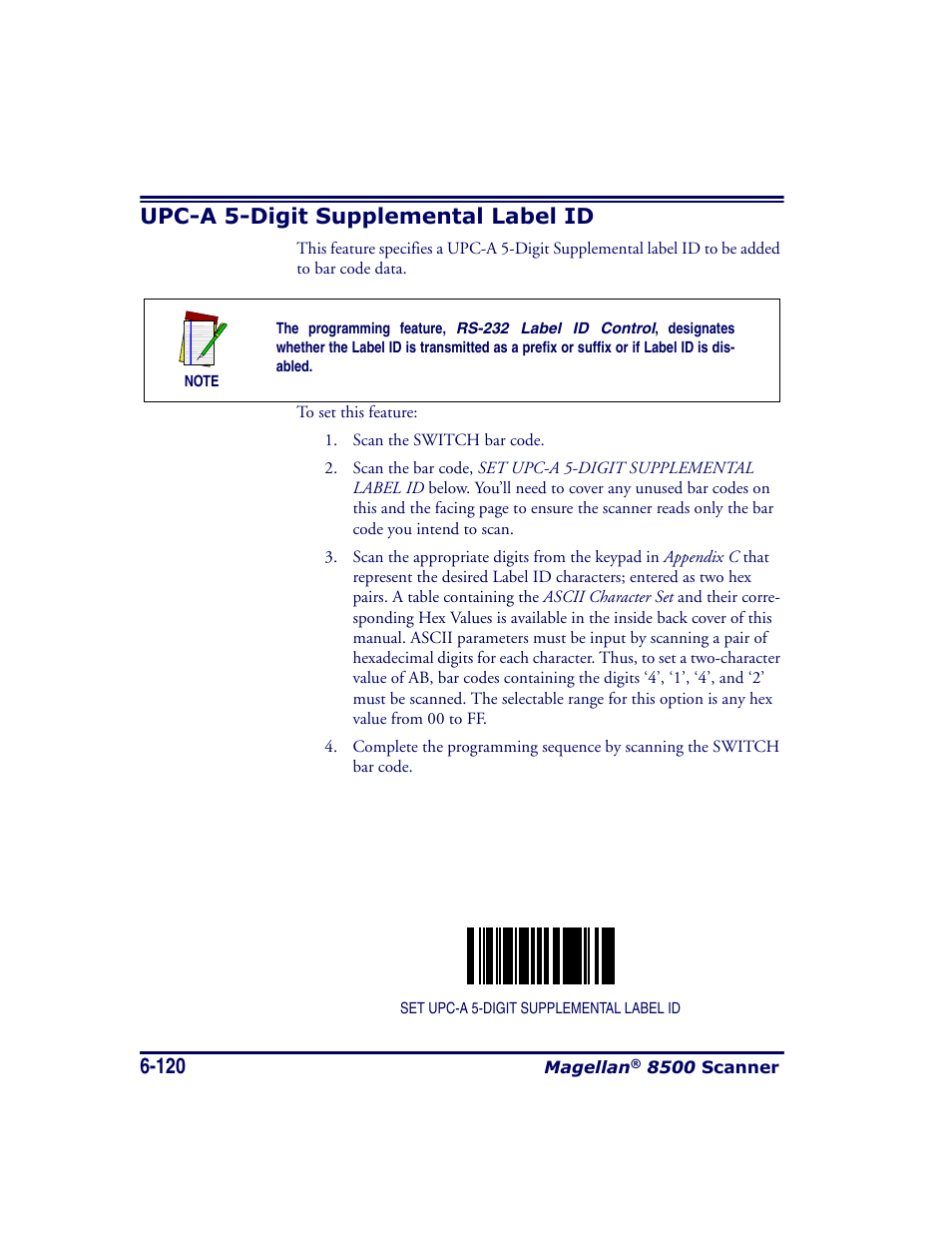 Upc-a 5-digit supplemental label id, Upc-a 5-digit supplemental label id -120 | Datalogic Scanning MAGELLAN 8500 User Manual | Page 226 / 436