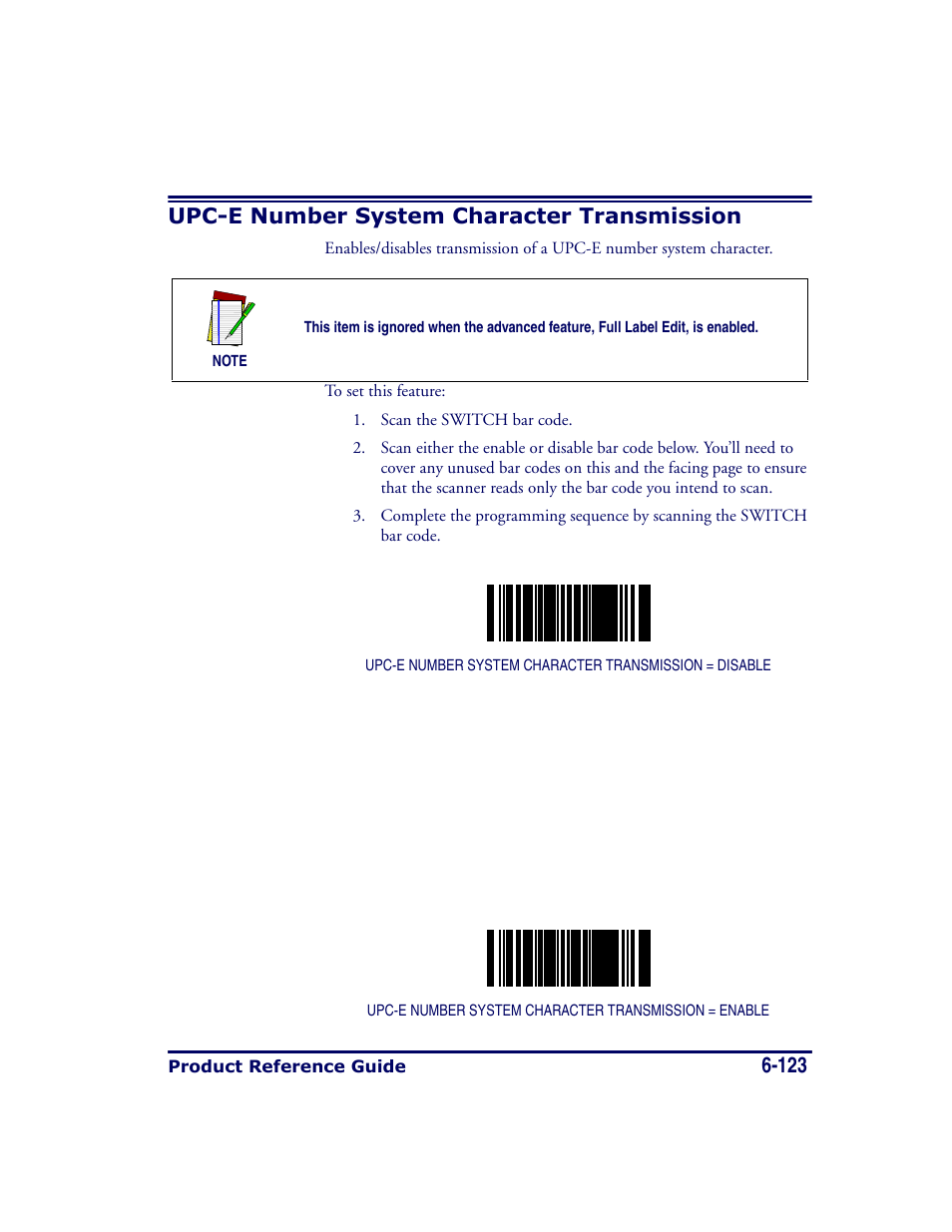 Upc-e number system character transmission, Upc-e number system character transmission -123, 123 upc-e number system character transmission | Datalogic Scanning MAGELLAN 8500 User Manual | Page 229 / 436