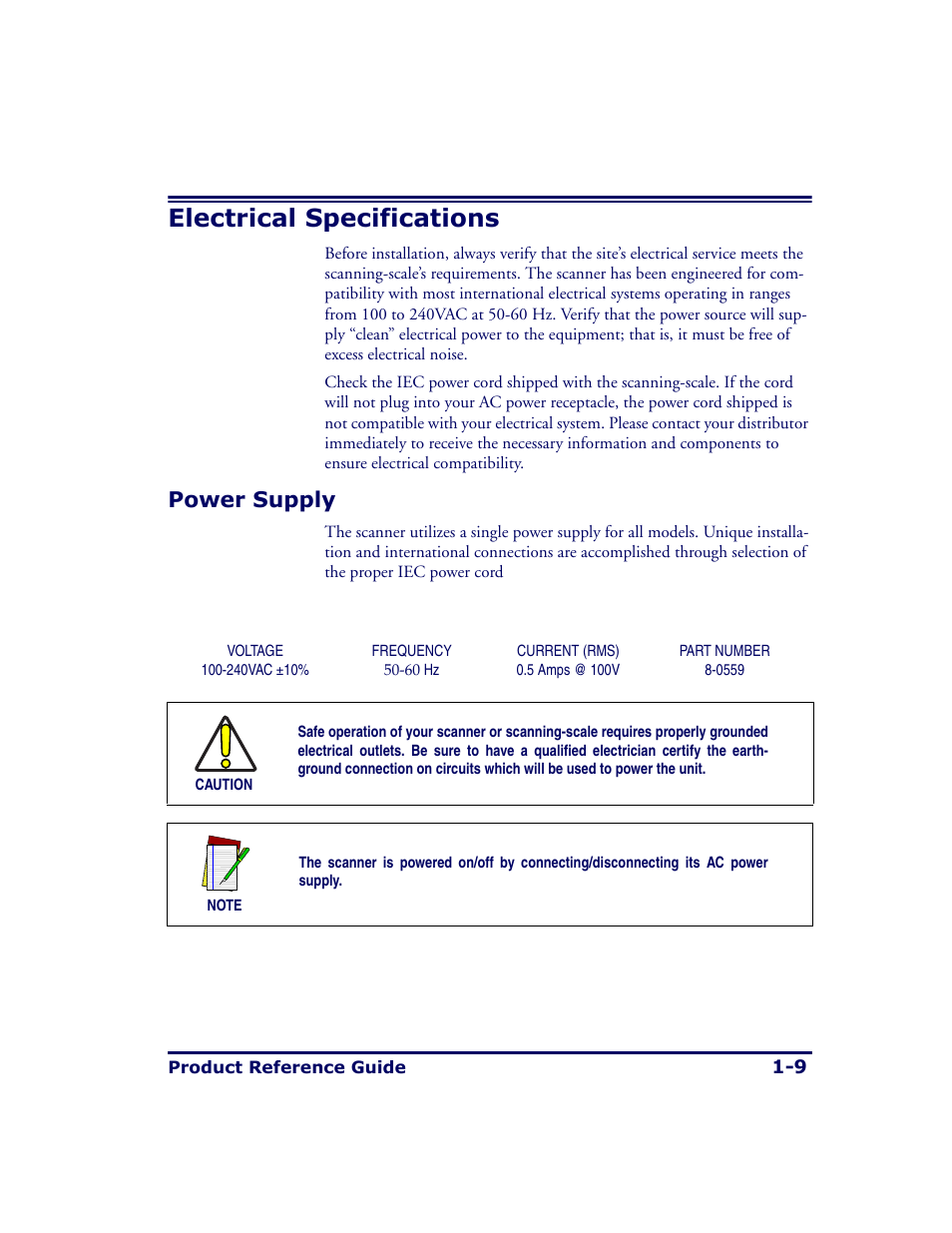 Electrical specifications, Power supply, Electrical specifications -9 | Power supply -9 | Datalogic Scanning MAGELLAN 8500 User Manual | Page 23 / 436